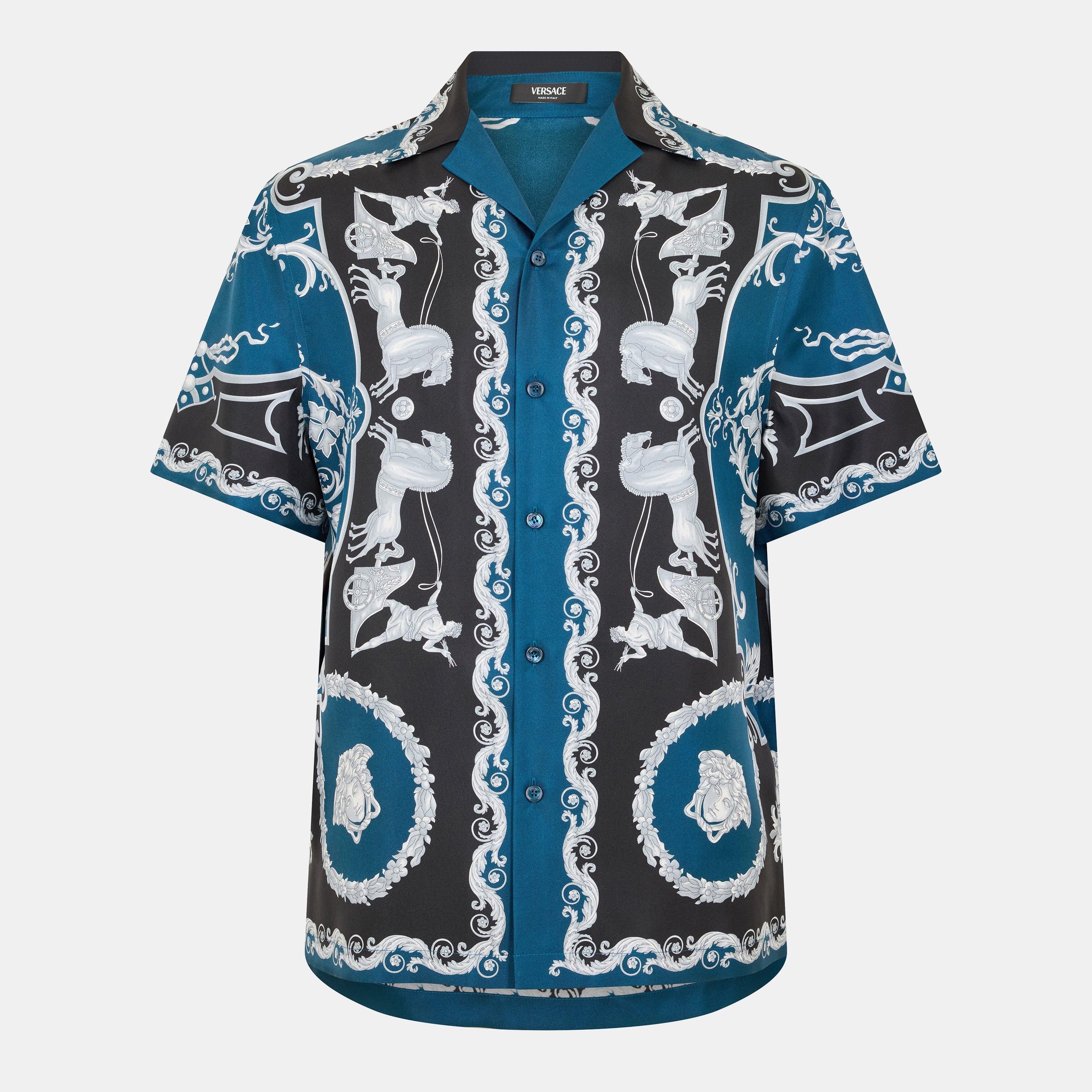 Black/Petrol - Versace - Men's Silk Short Sleeve Patterned Shirt - 1