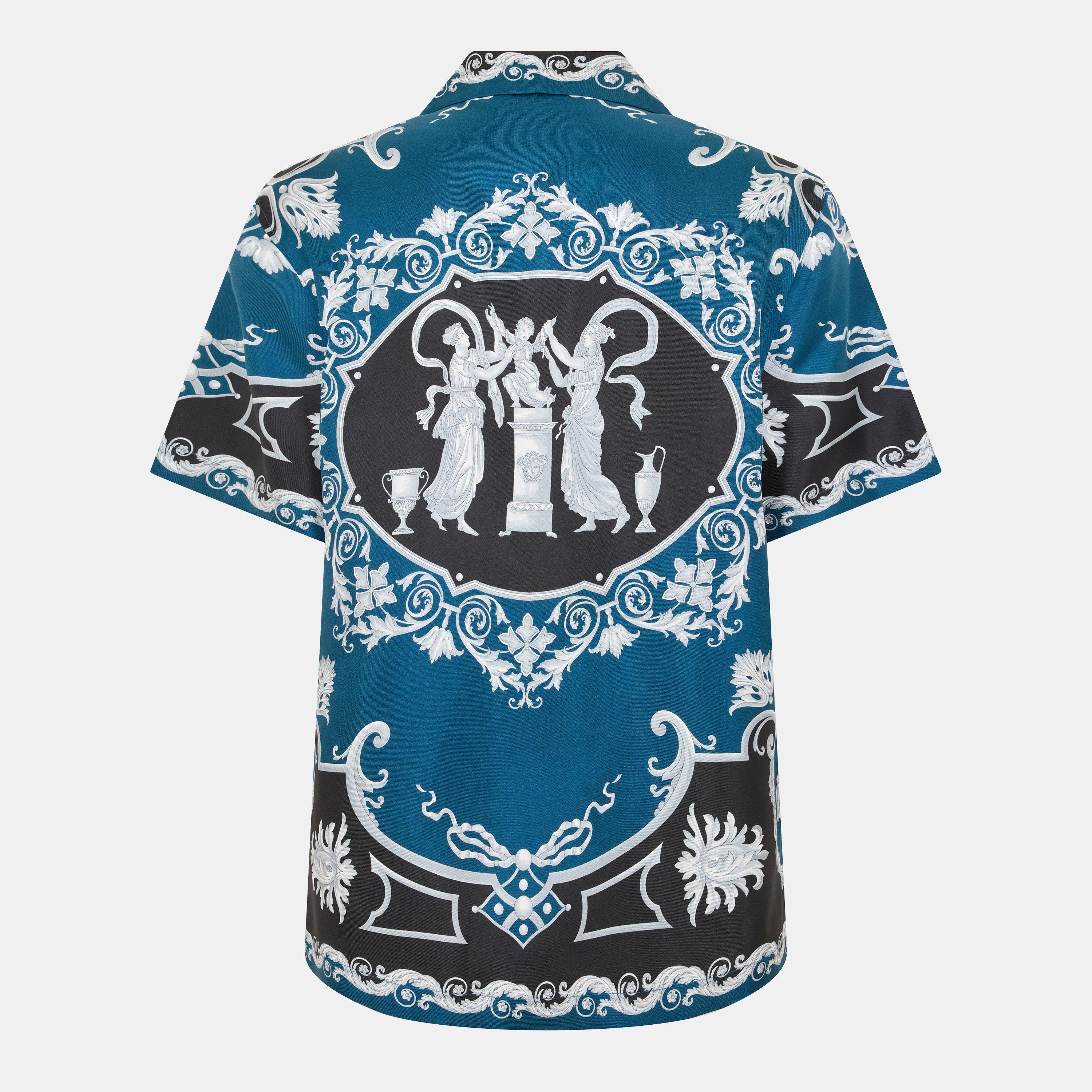 Black/Petrol - Versace - Men's Silk Short Sleeve Patterned Shirt - 2