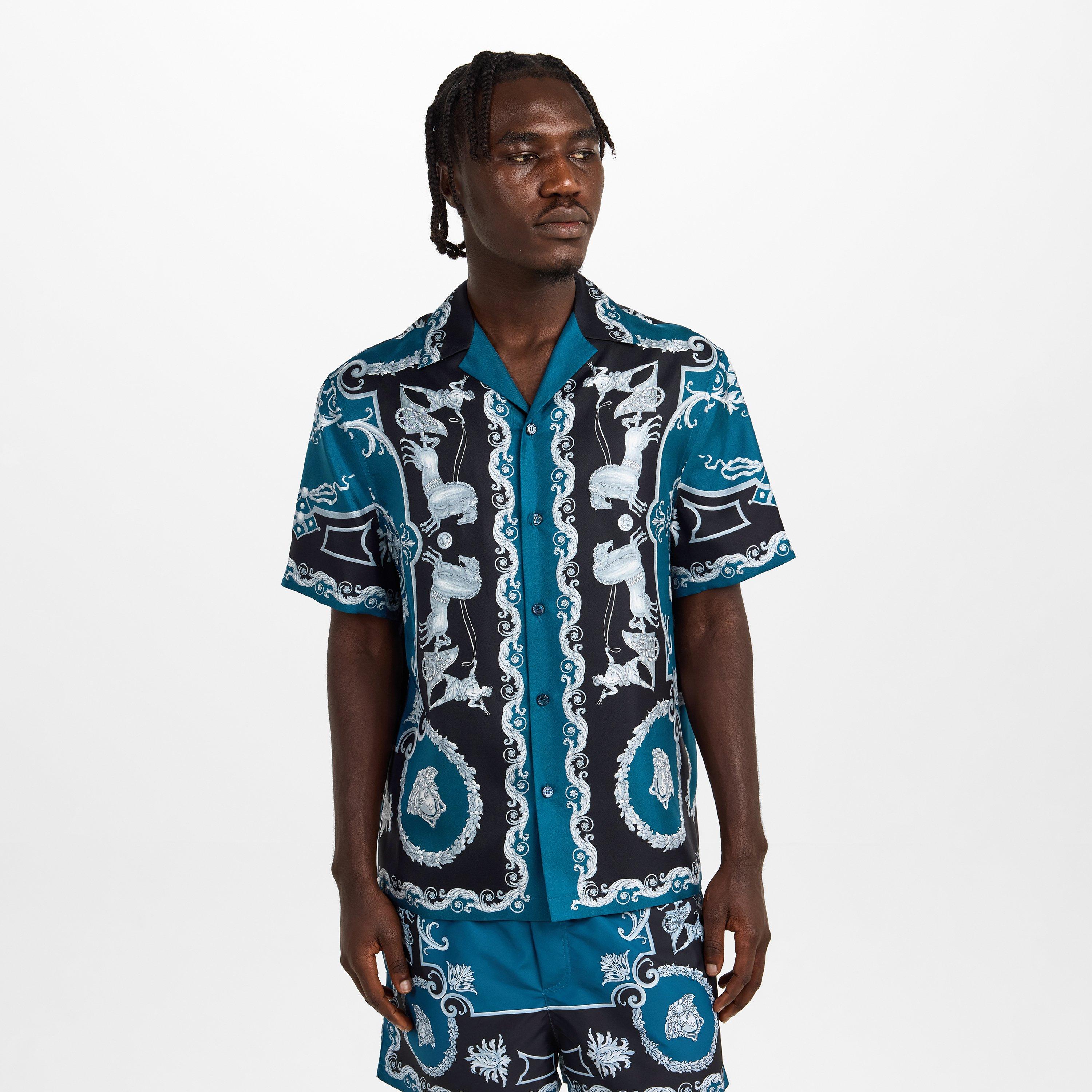 Black/Petrol - Versace - Men's Silk Short Sleeve Patterned Shirt - 3