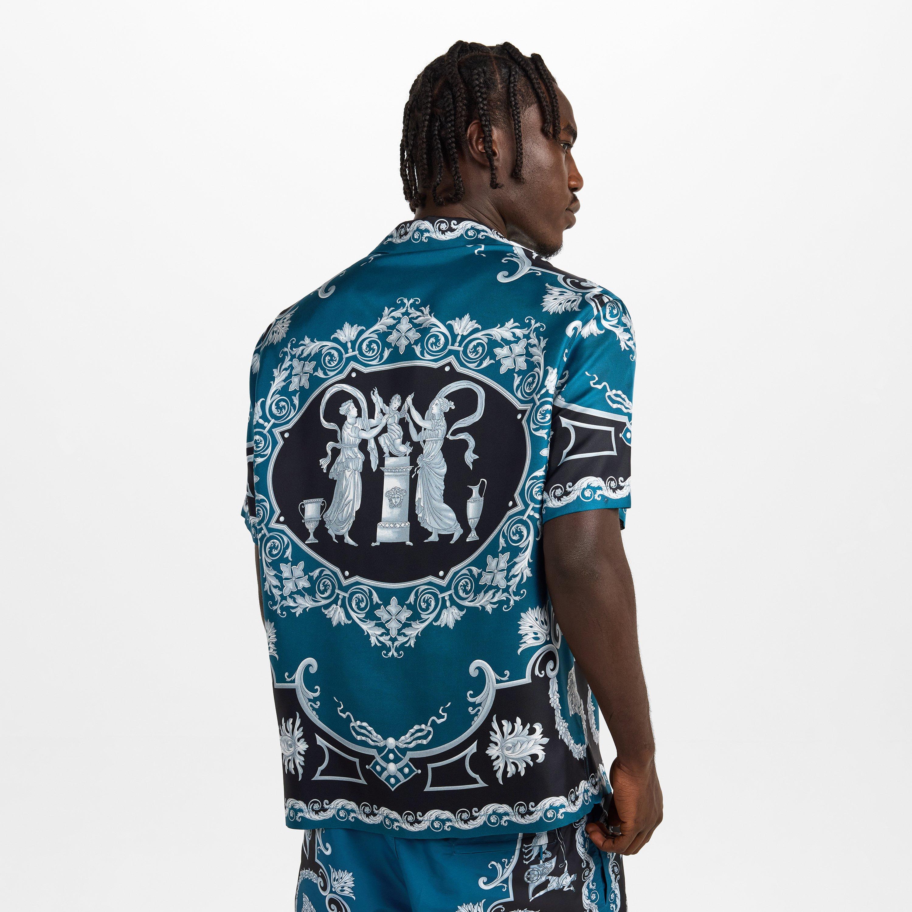 Black/Petrol - Versace - Men's Silk Short Sleeve Patterned Shirt - 4
