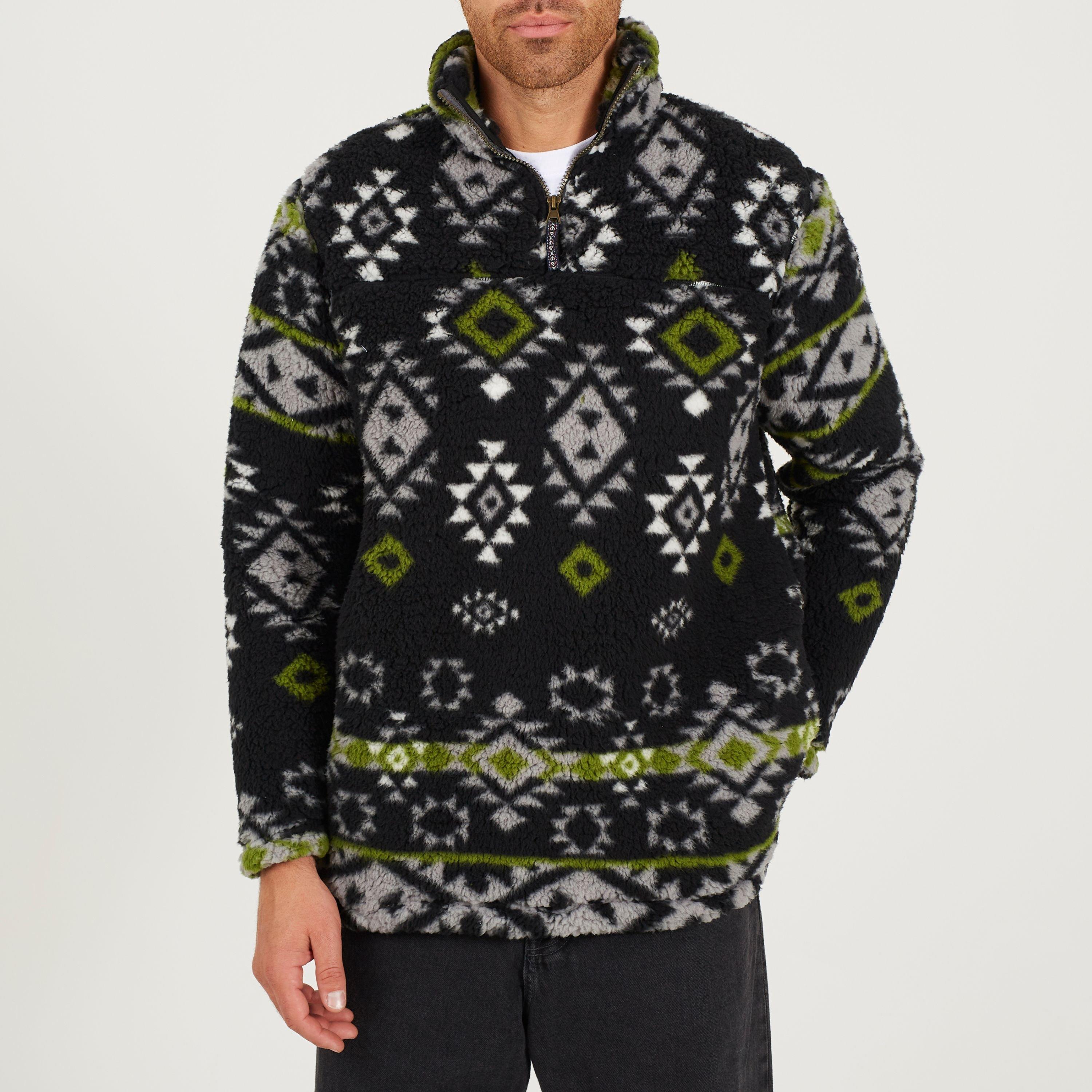 Blk Spong/Green - Brave Soul - Mens Quarter Zip Patterned Fleece - 1