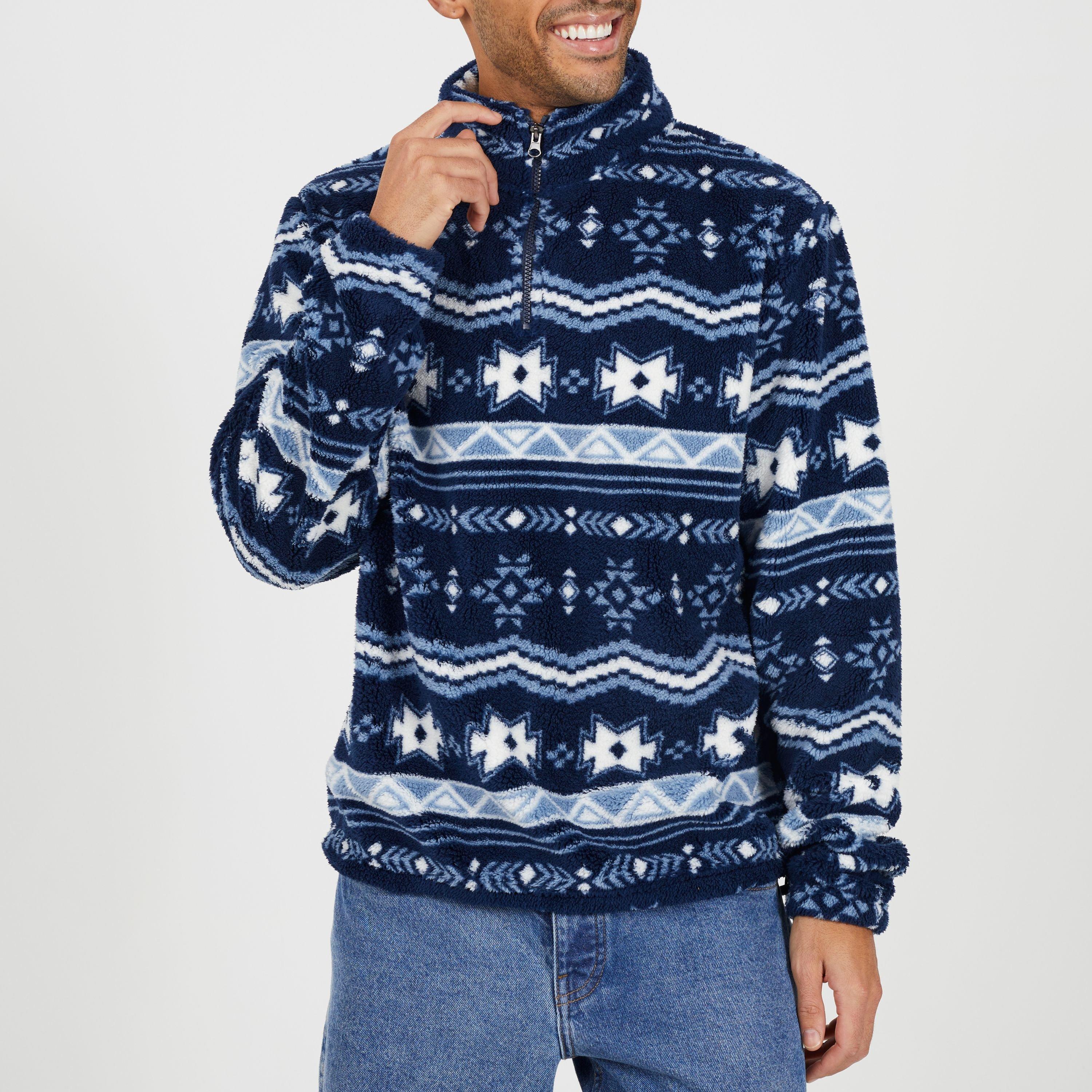 Brave Soul Men's Quarter Zip Borg Fleece With Pattern - Navy/ - Medium