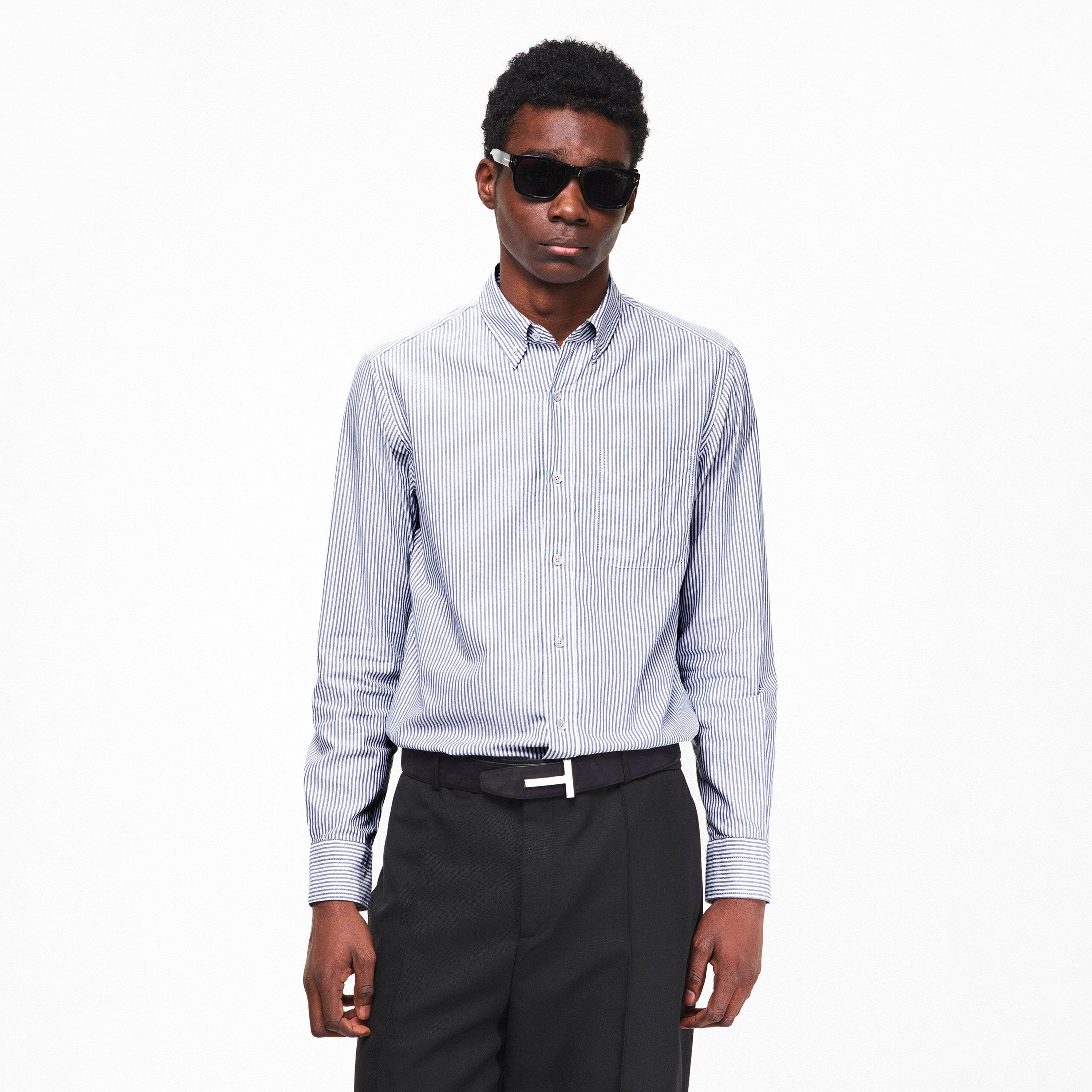 White/Blue - Tom Ford - Mens Pinstripe Oxford Shirt - 3