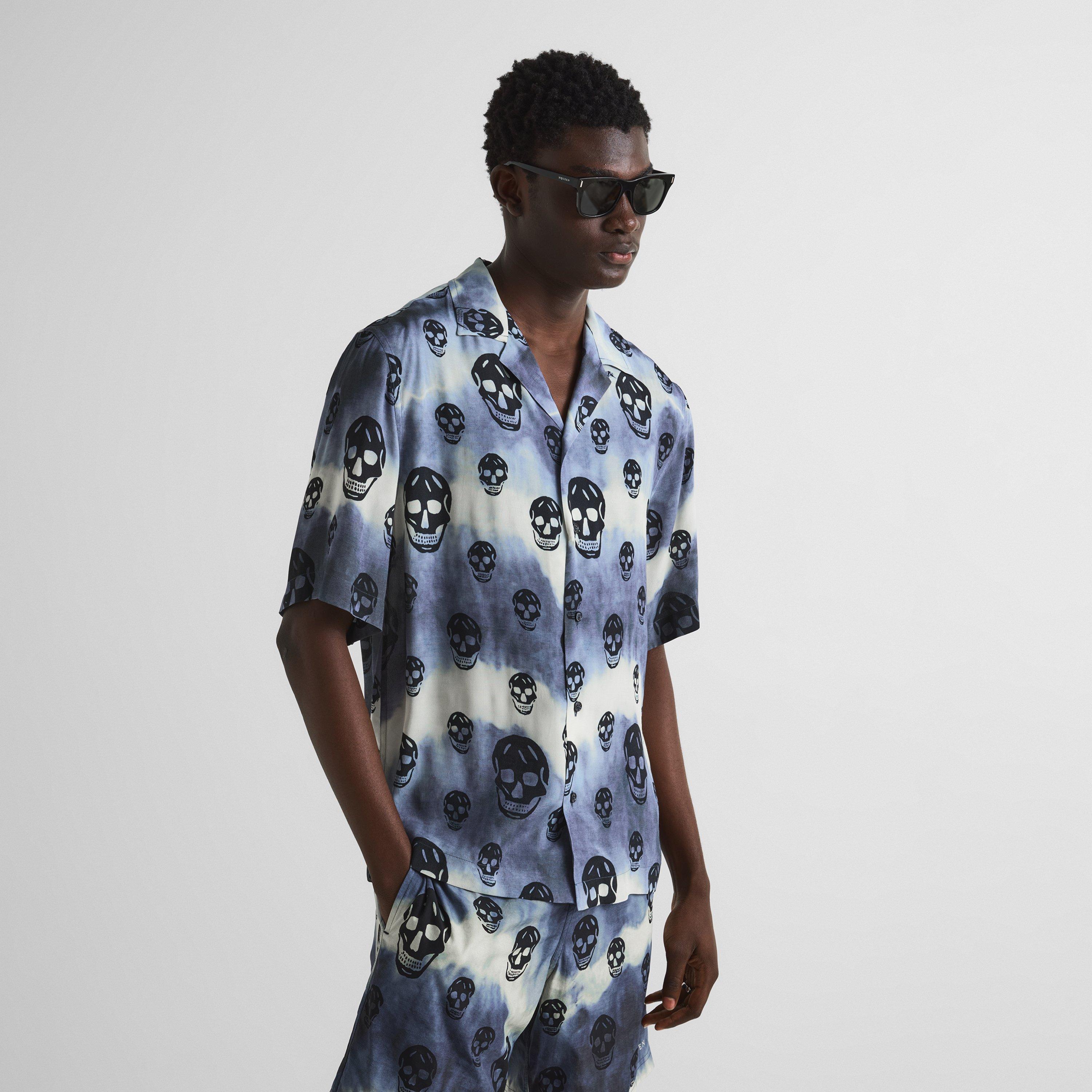 Ivory/Indigo - Alexander McQueen - Men's Skull Bowling Patterned Short-Sleeve Oversized-Fit Shirt - 3