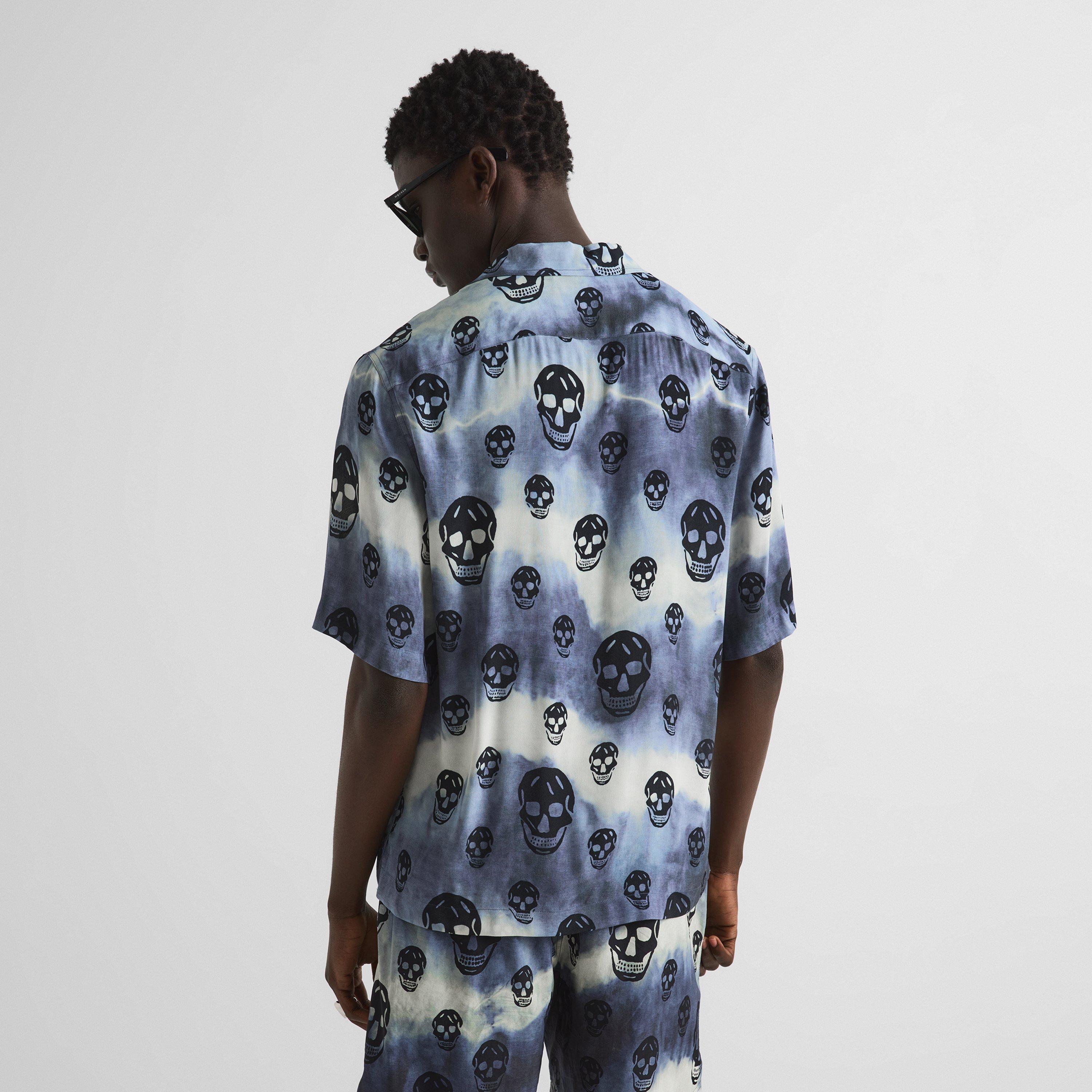 Ivory/Indigo - Alexander McQueen - Men's Skull Bowling Patterned Short-Sleeve Oversized-Fit Shirt - 4