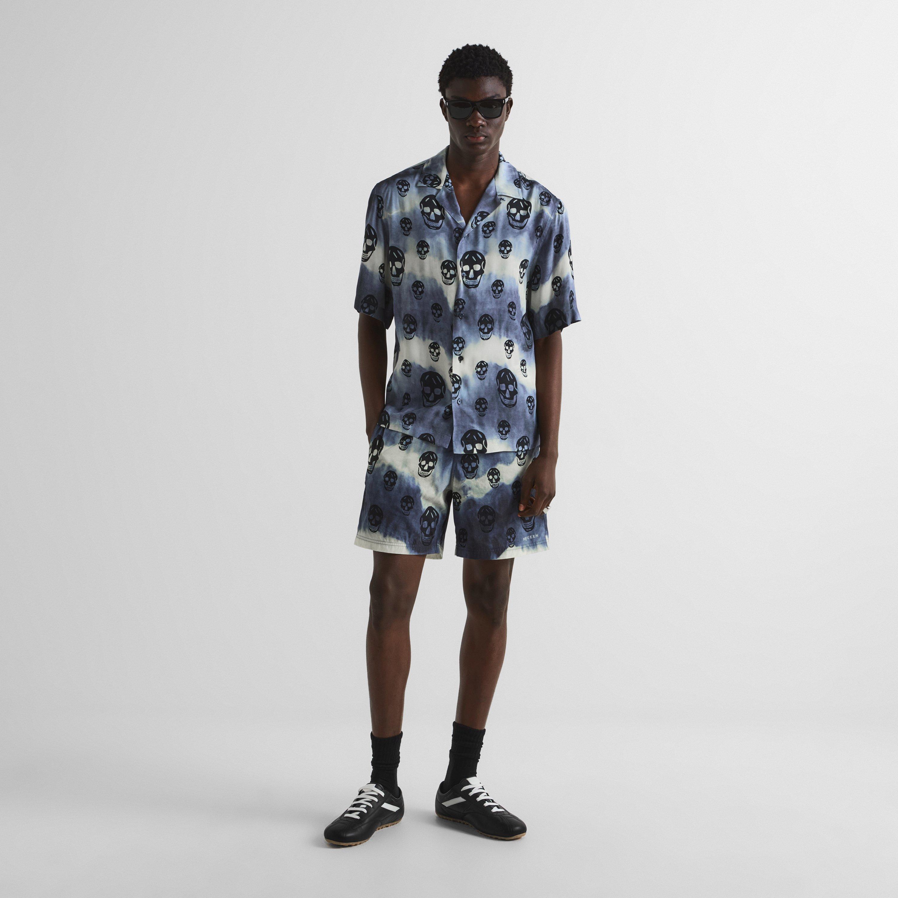 Ivory/Indigo - Alexander McQueen - Men's Skull Bowling Patterned Short-Sleeve Oversized-Fit Shirt - 6