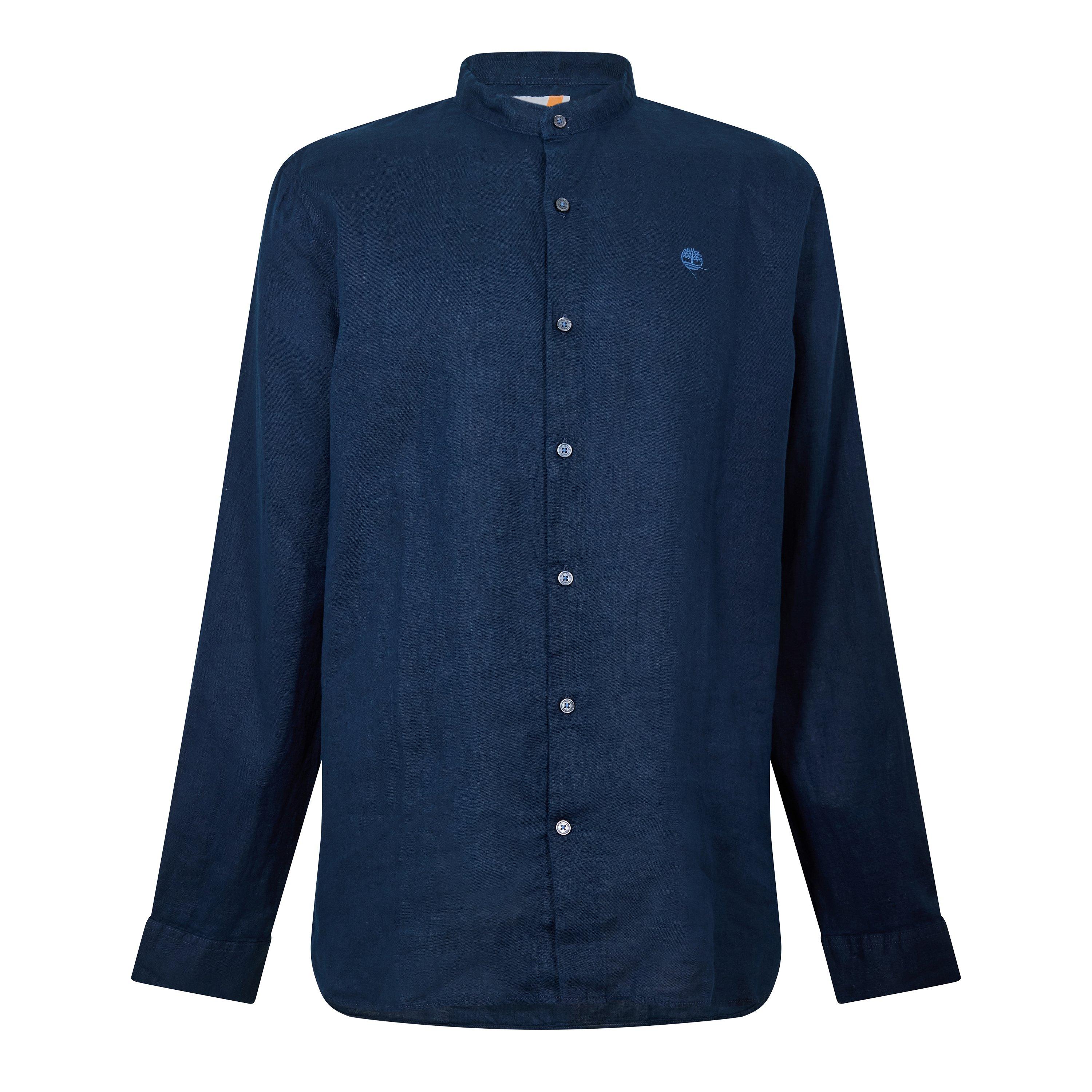 Dark Sapphire - Timberland - Men's Linen Korean Collar Long Sleeve Oxford Shirt - 1