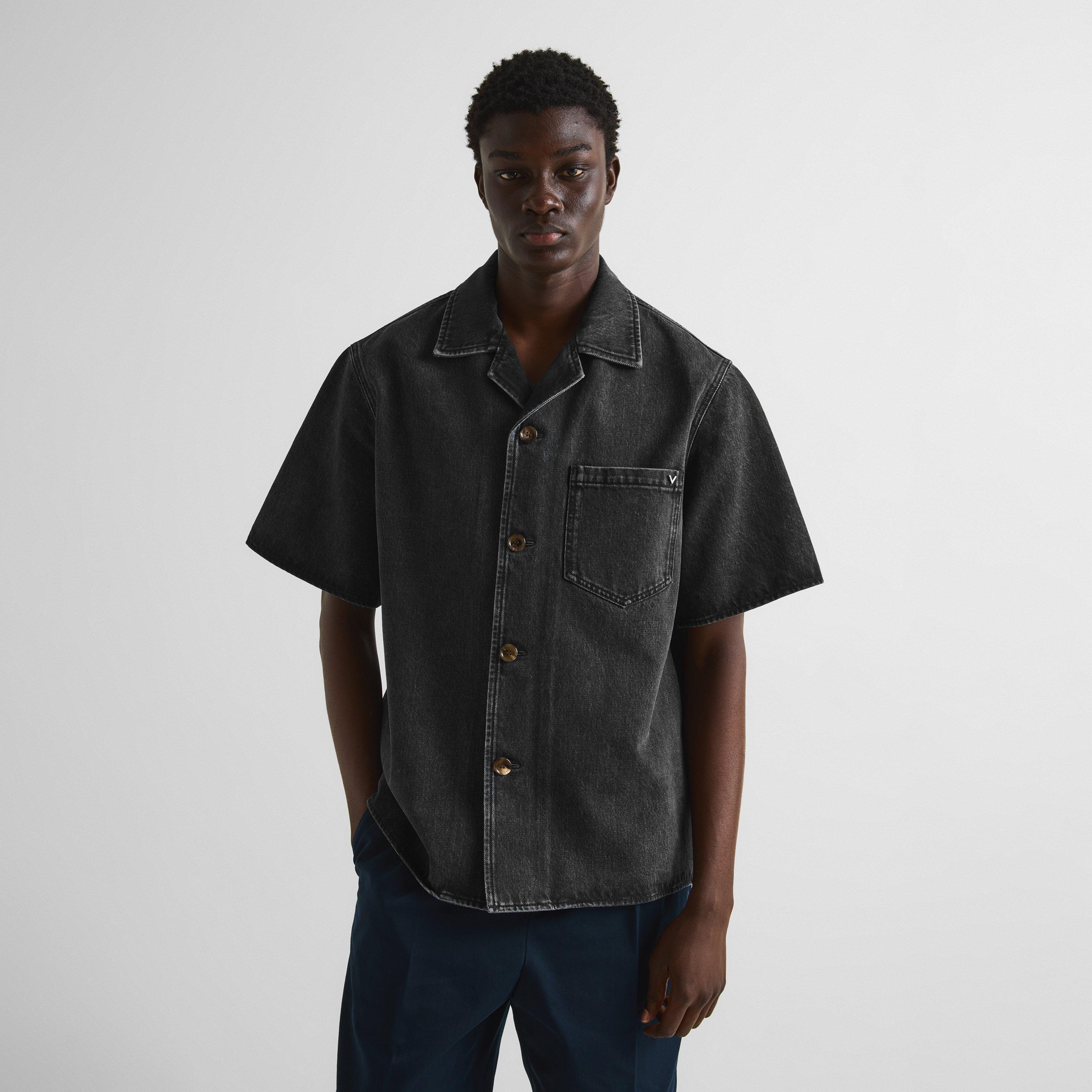 Black Denim - Valentino - Men's Plain Short-Sleeve Shirt - 3