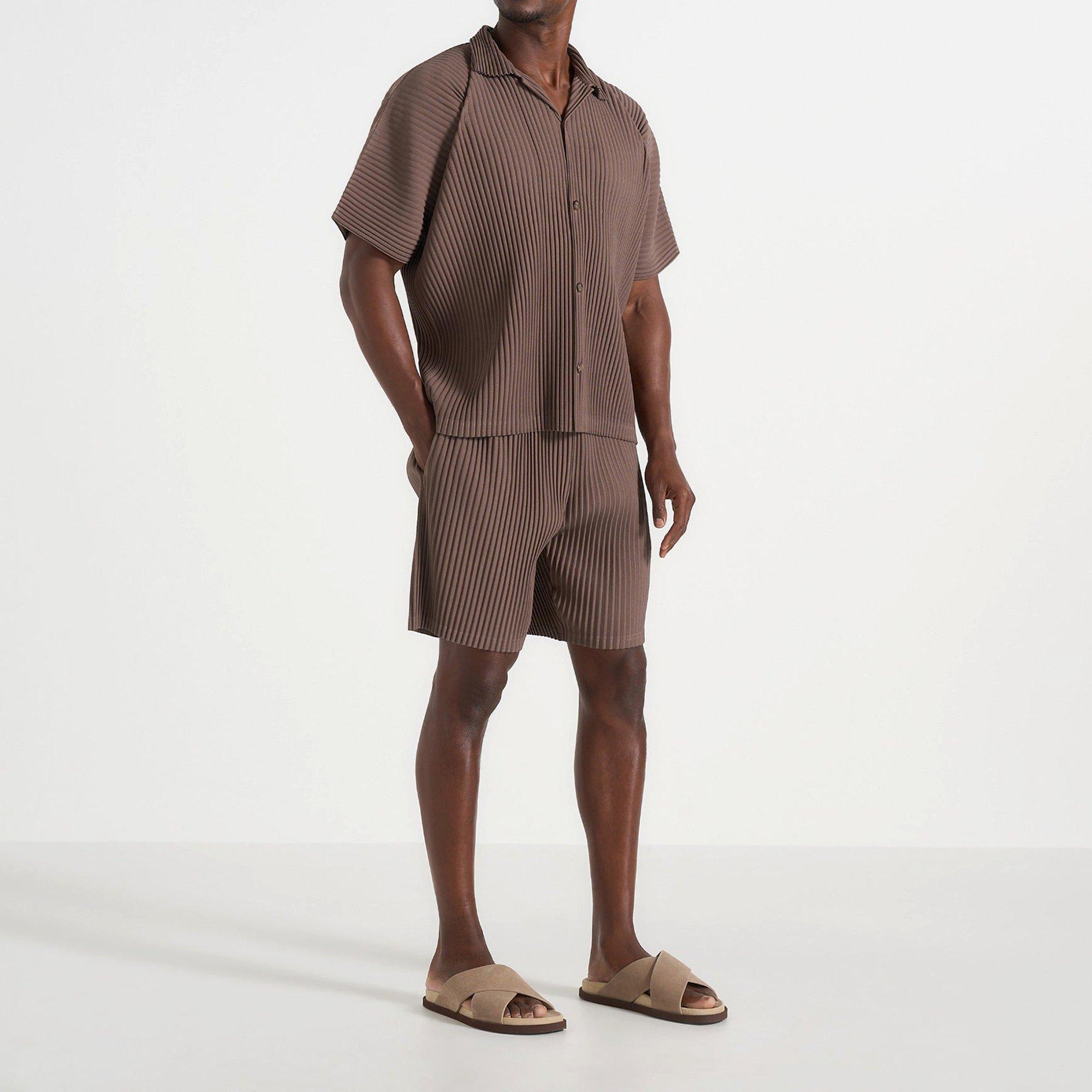 Taupe - Maniere De Voir - Mens Justin Pleated Boxy Shirt - 2