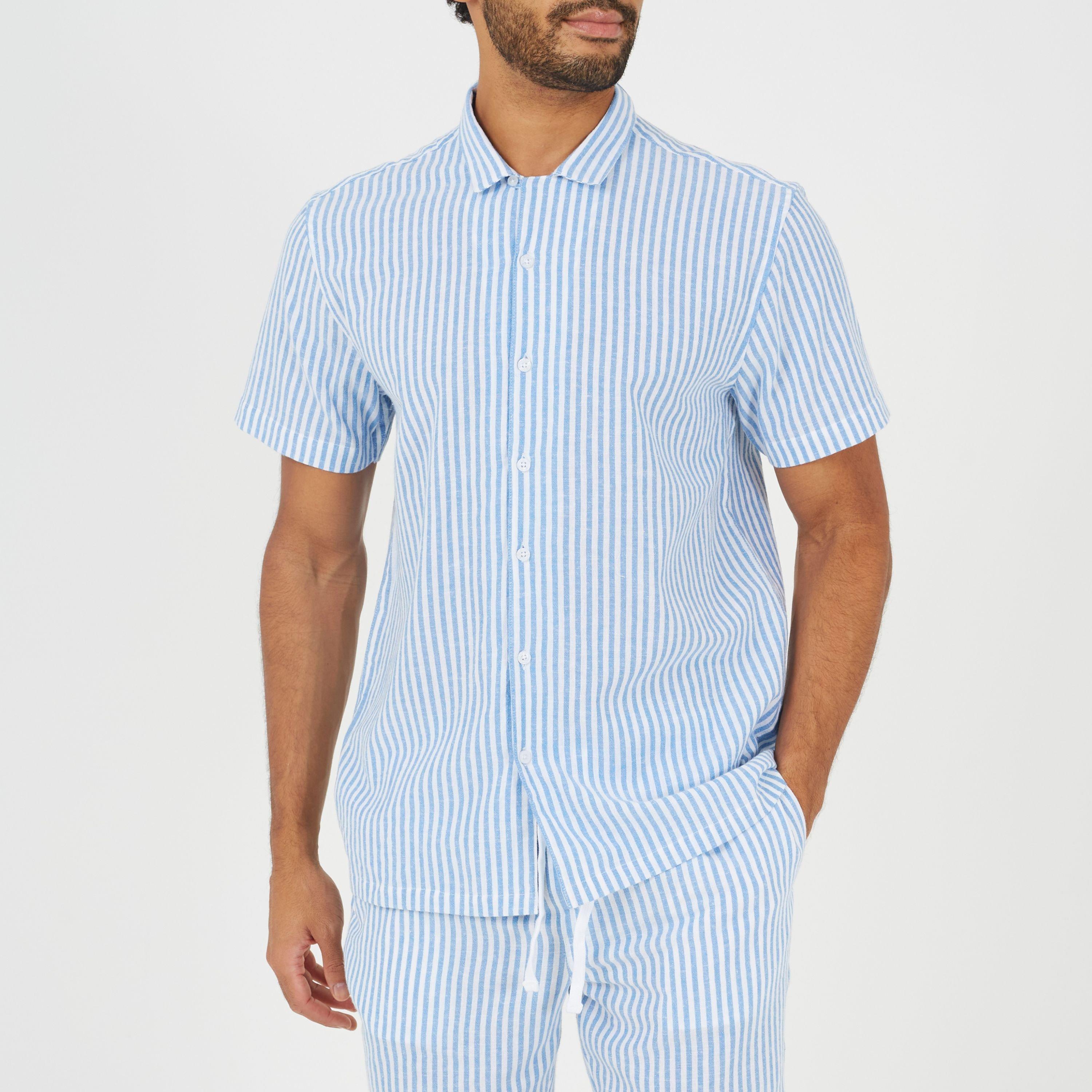 White/Blue - Brave Soul - Men's Short Sleeved Revere Collar Patterned Shirt - 1