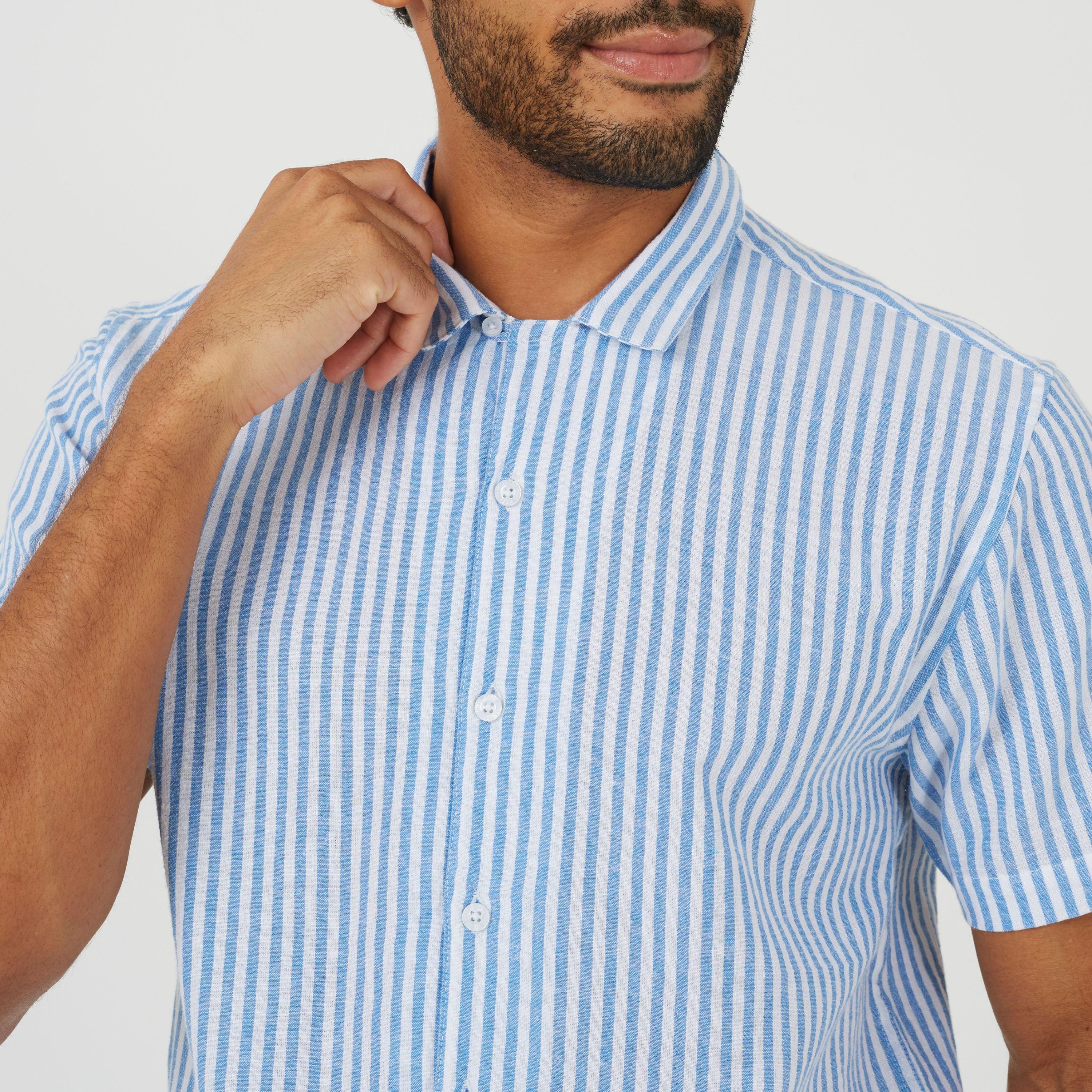 White/Blue - Brave Soul - Men's Short Sleeved Revere Collar Patterned Shirt - 3