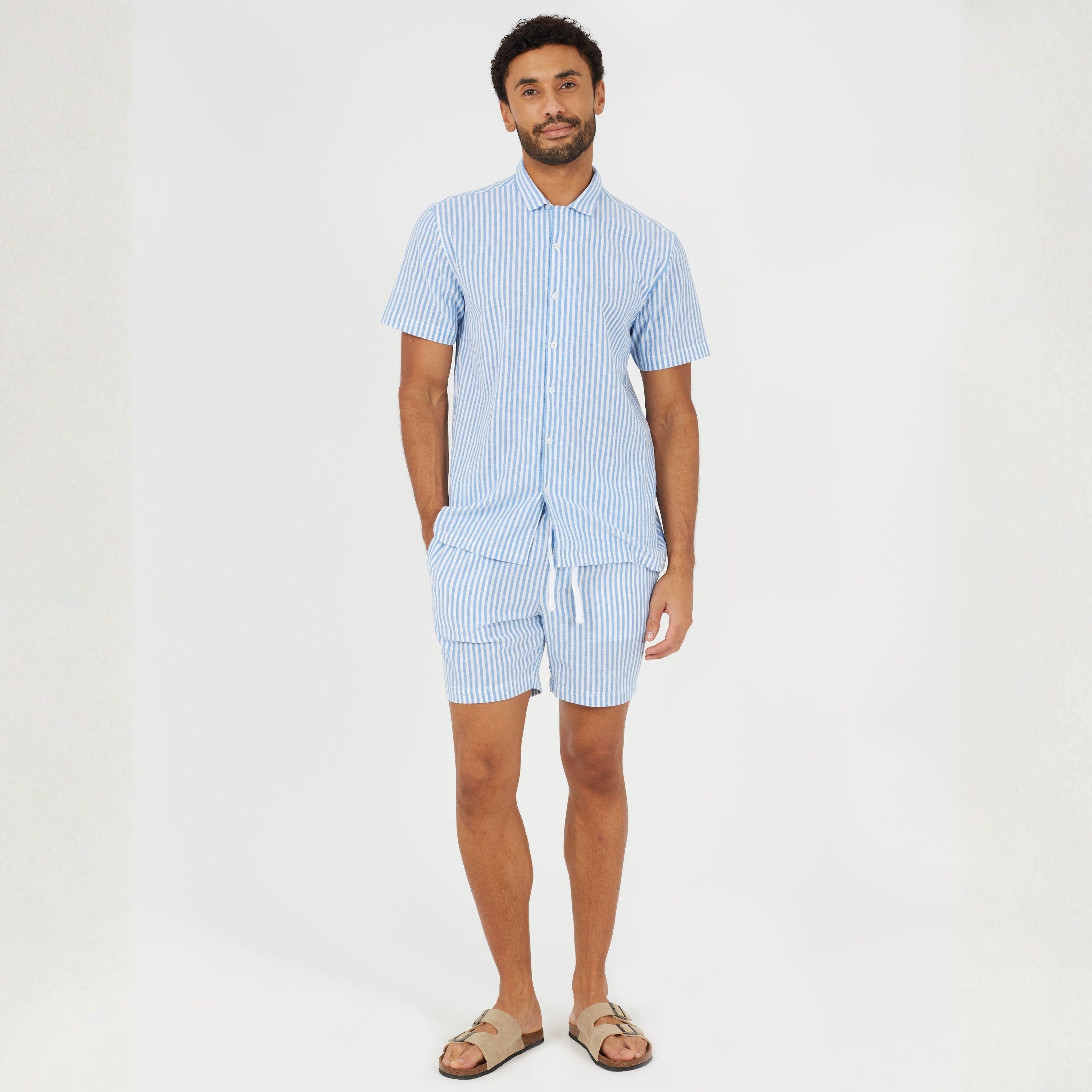 White/Blue - Brave Soul - Men's Short Sleeved Revere Collar Patterned Shirt - 4