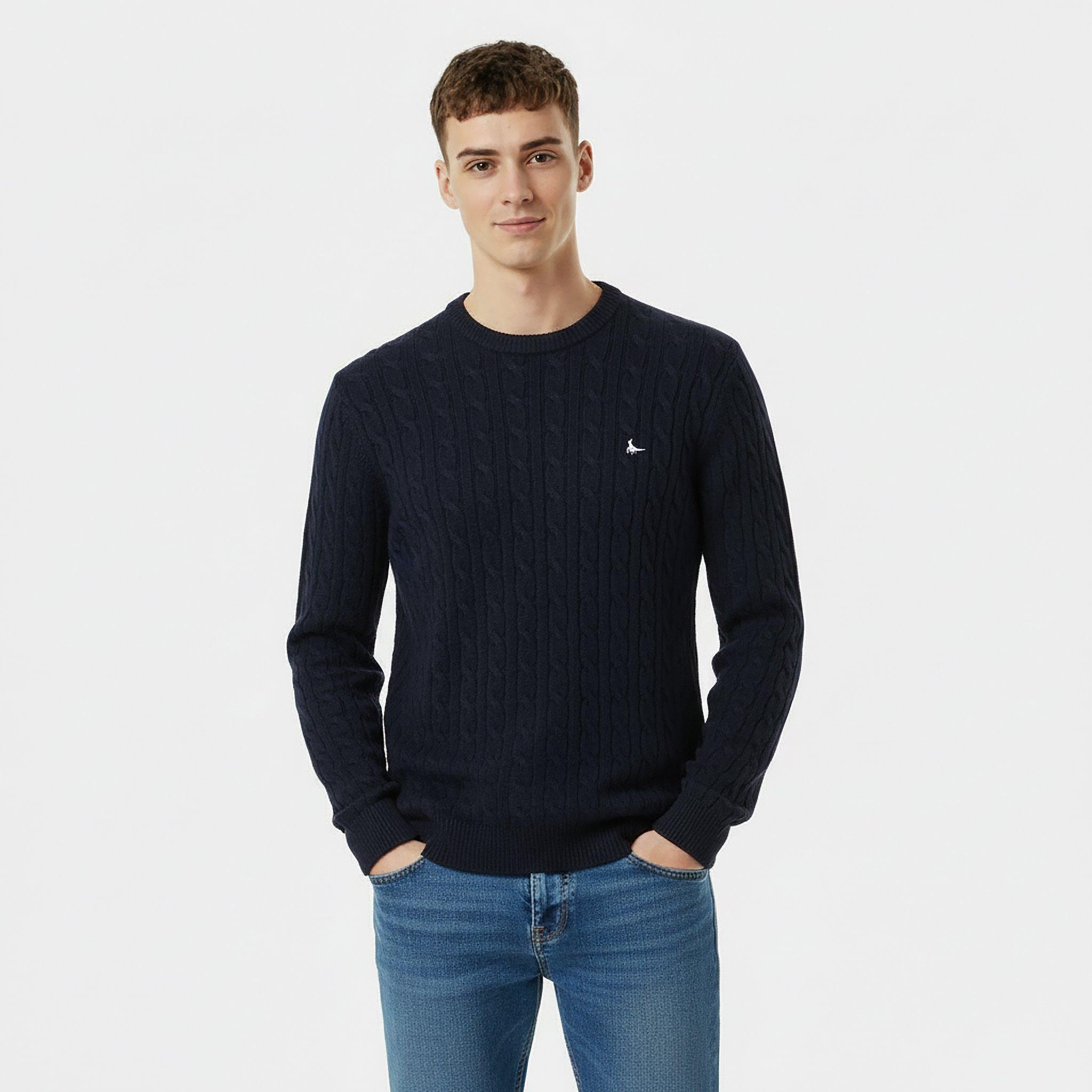 Navy - Jack Wills - Jack Marlow Merino Wool Blend Cable Knitted Jumper Men - 3