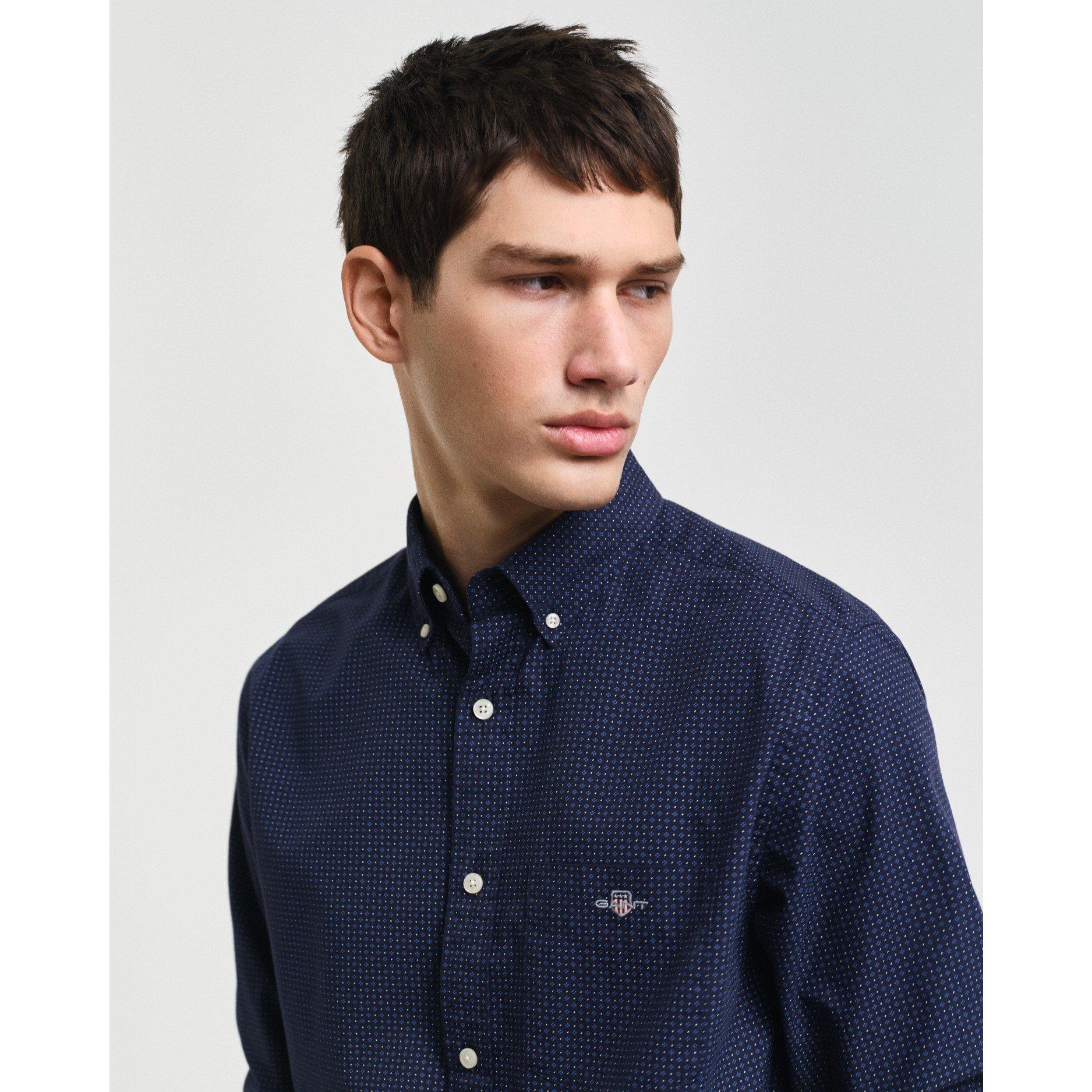 Avondblauw - Gant - Men's Micro Print Evening Blue Long-Sleeve Patterned Shirt - 5