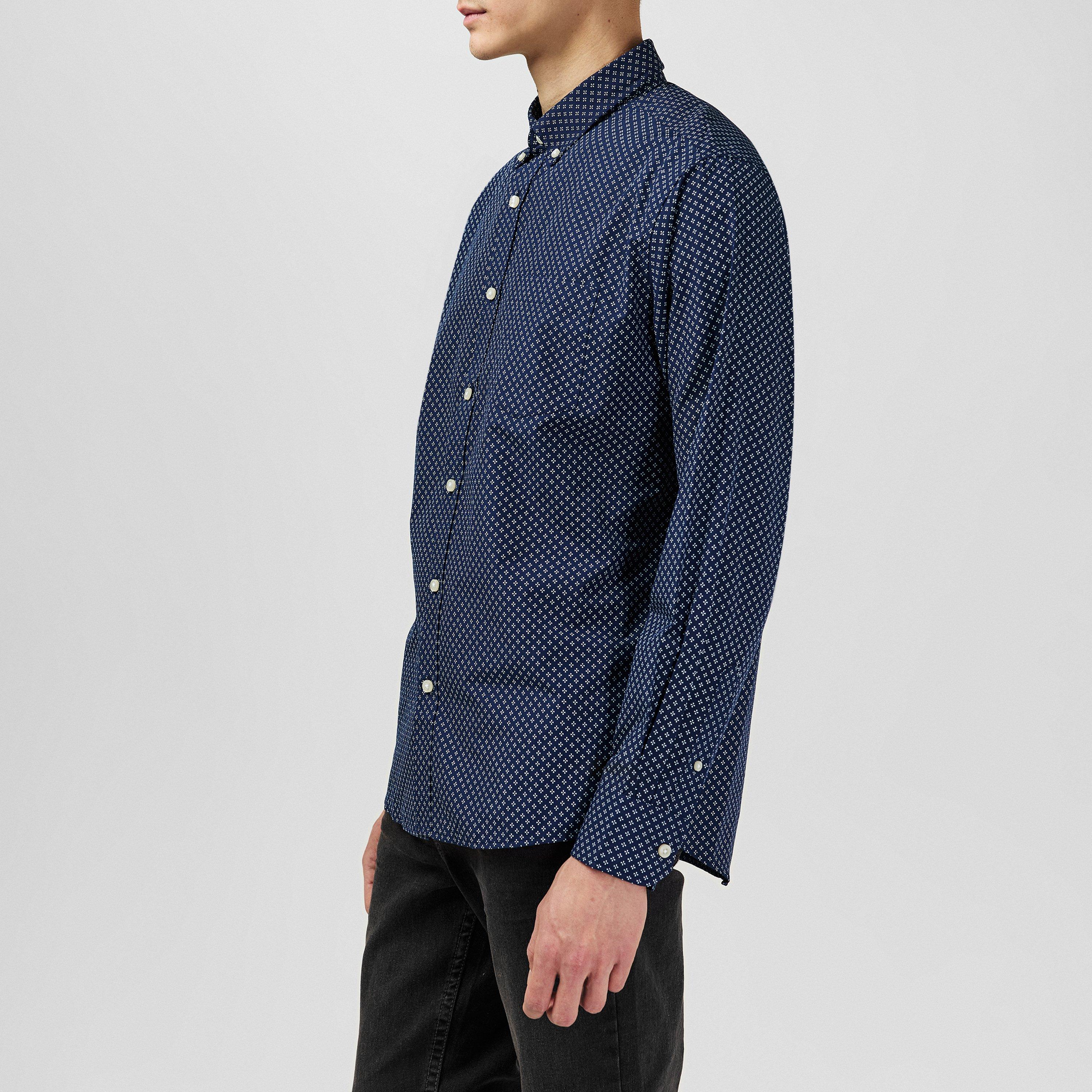 Nvy/Wht Geo - Fabric - Classic Poplin Long Sleeve Shirt Mens - 5