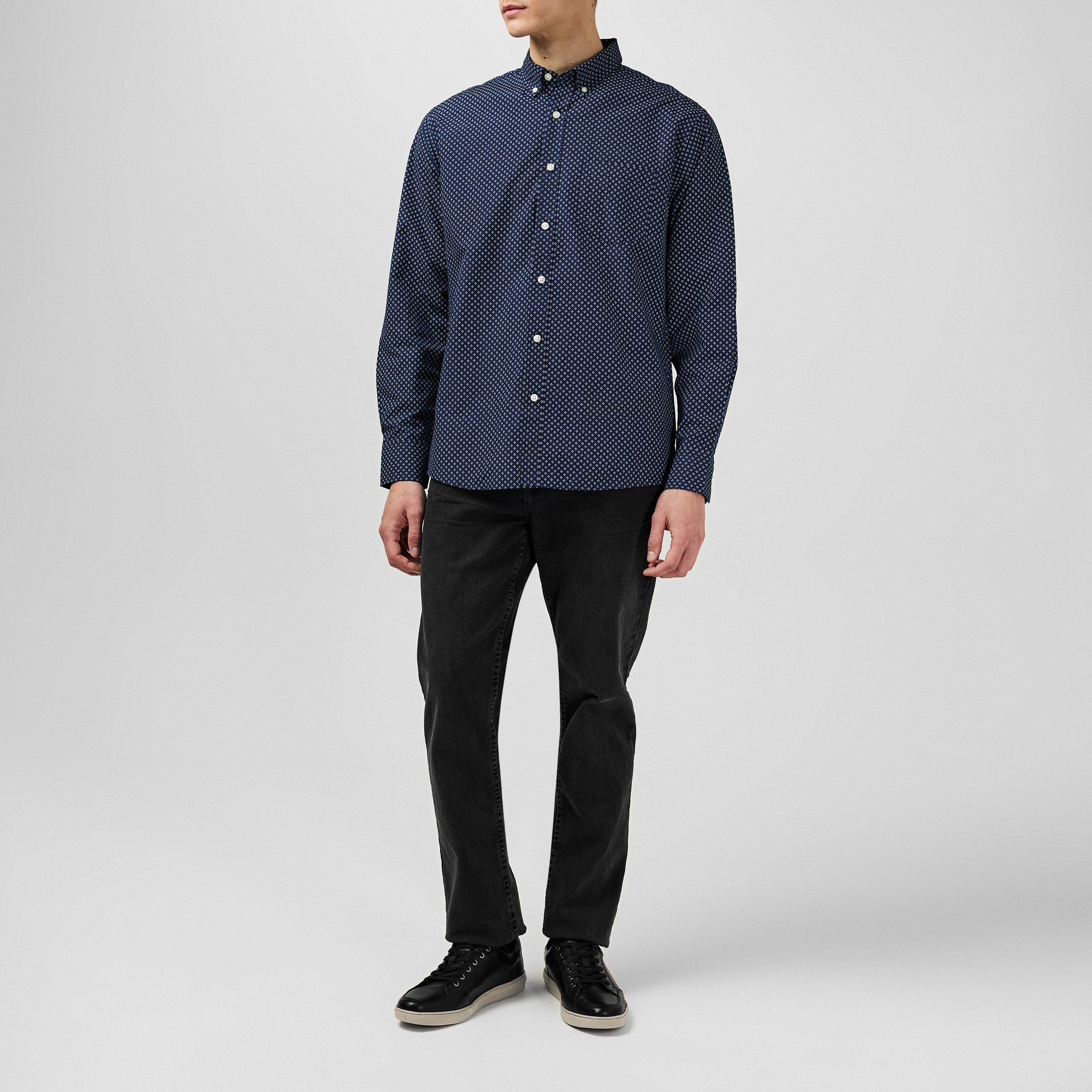 Nvy/Wht Geo - Fabric - Classic Poplin Long Sleeve Shirt Mens - 6