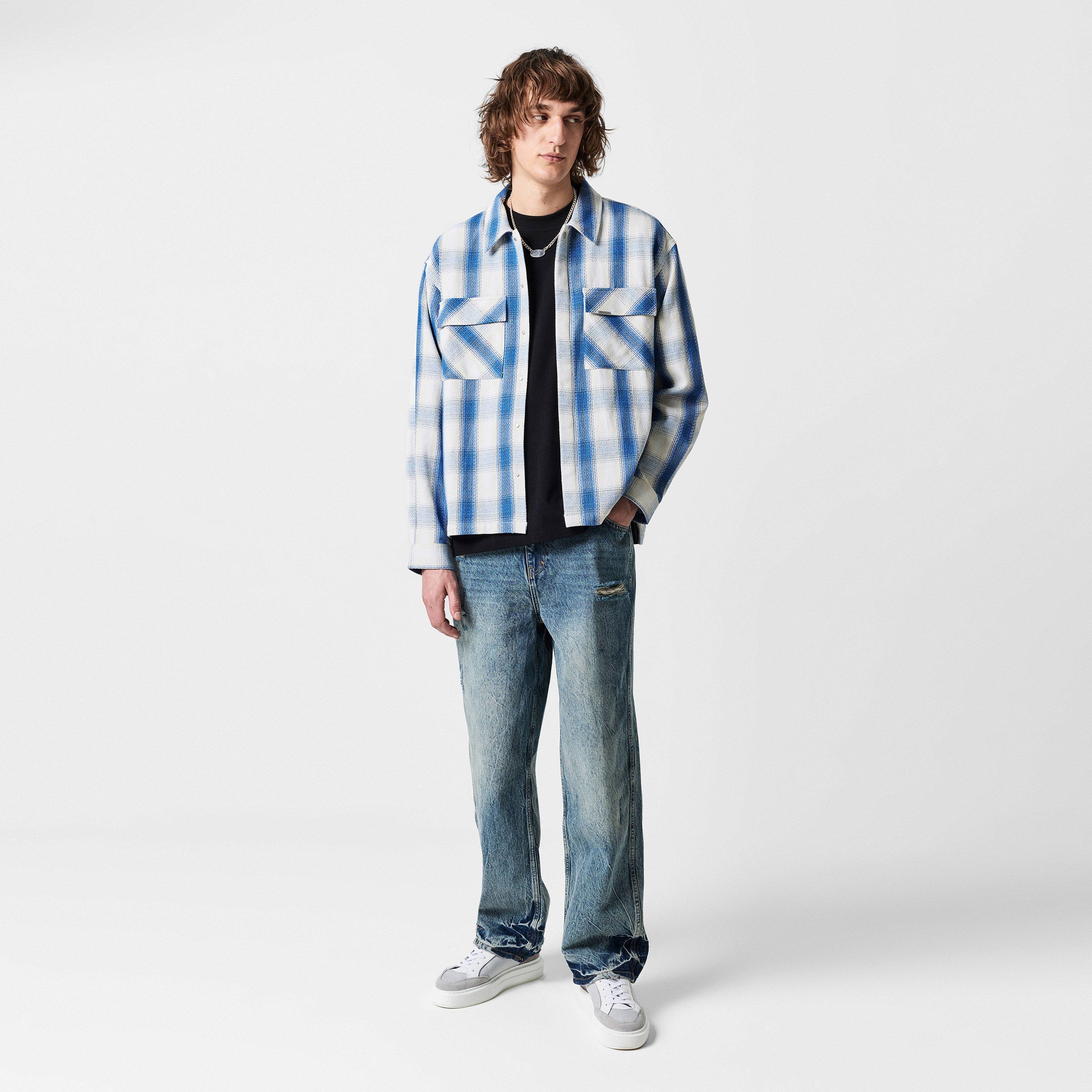Mid Blue - Represent - Men's Cotton-Blend Cheque Shirt, Oversized Fit - 5