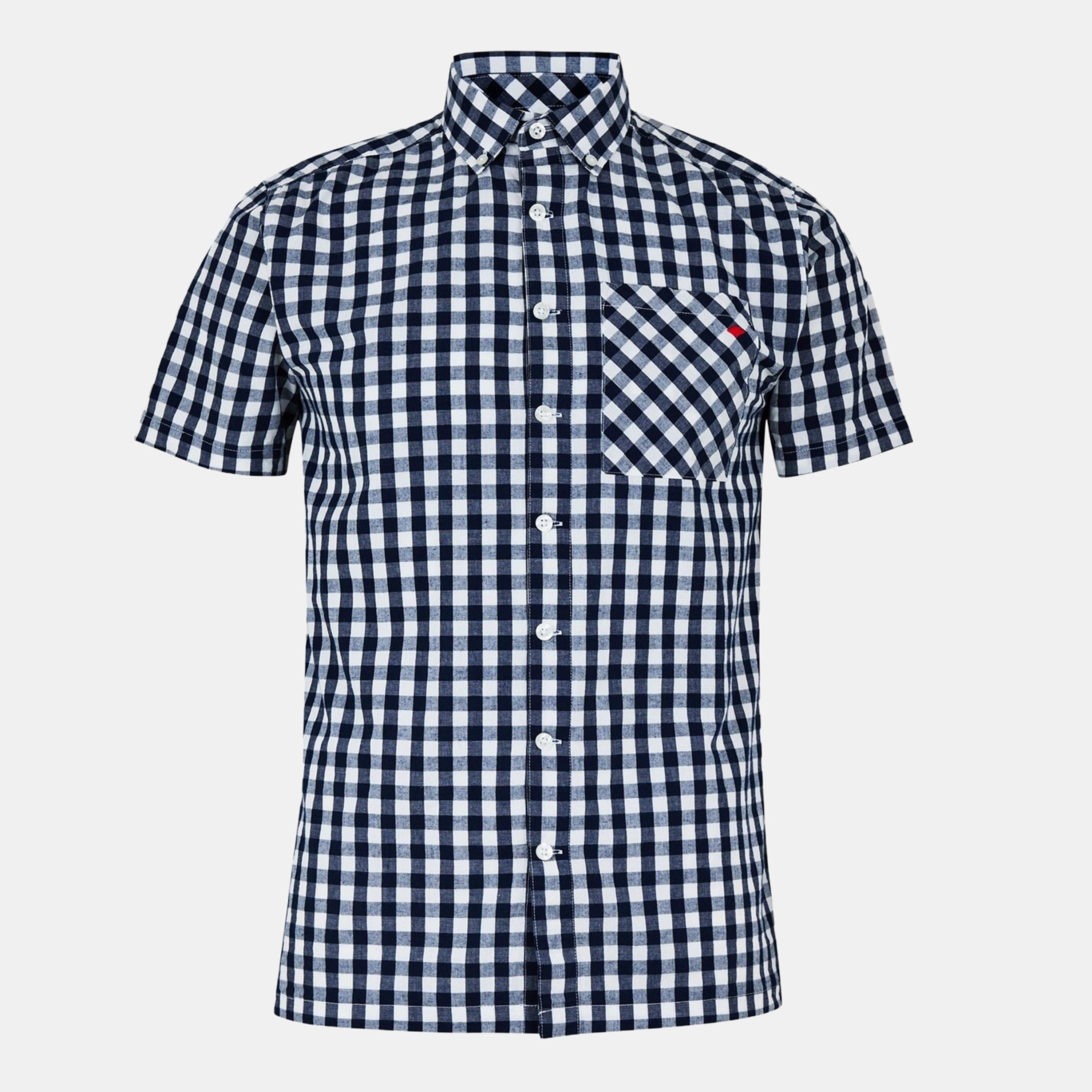 Navy/White - Lee Cooper - Gingham Check Short Sleeve Shirt Mens - 1