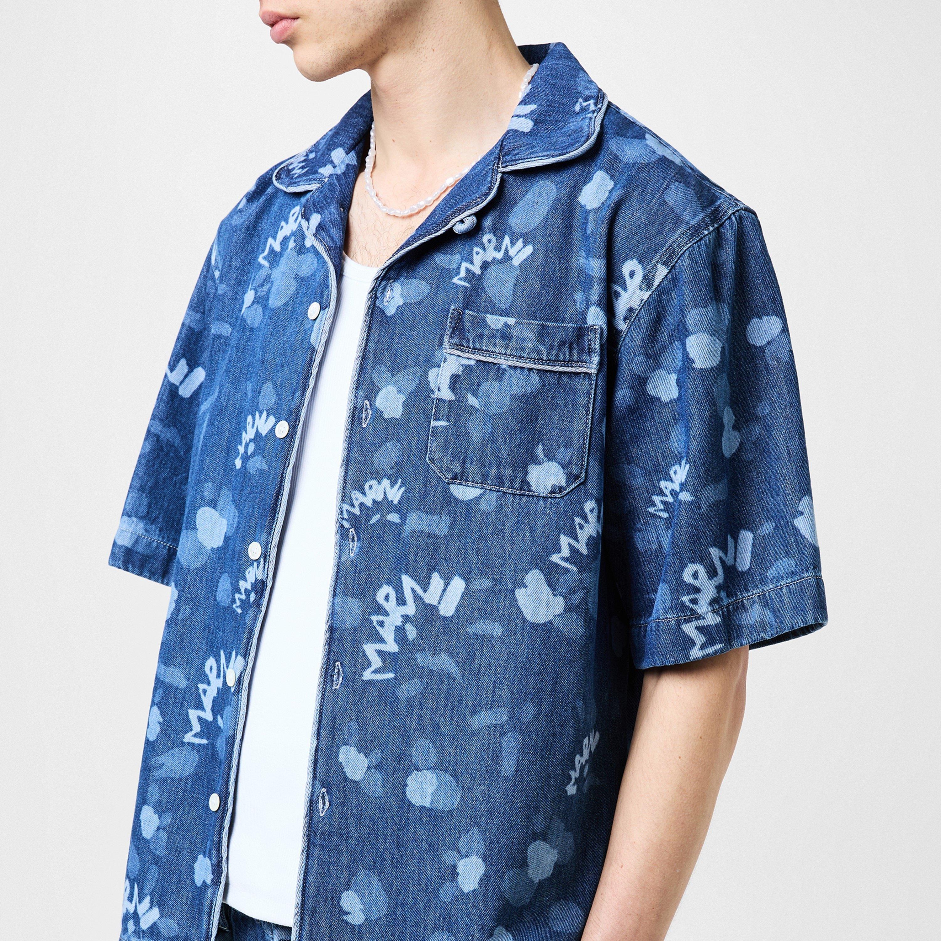 Blue - Marni - Men's Logo Short-Sleeve Patterned Shirt - 3