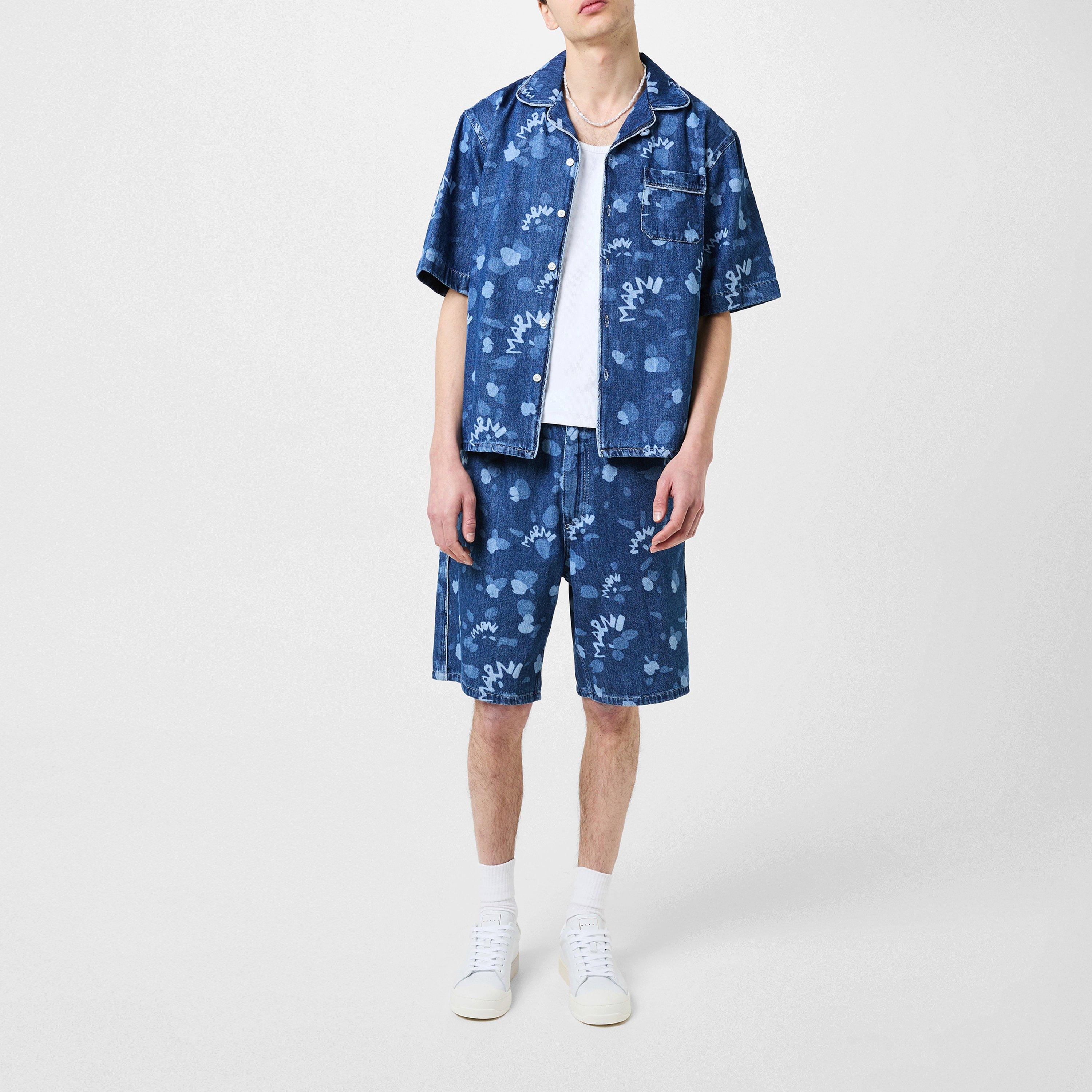 Blue - Marni - Men's Logo Short-Sleeve Patterned Shirt - 4