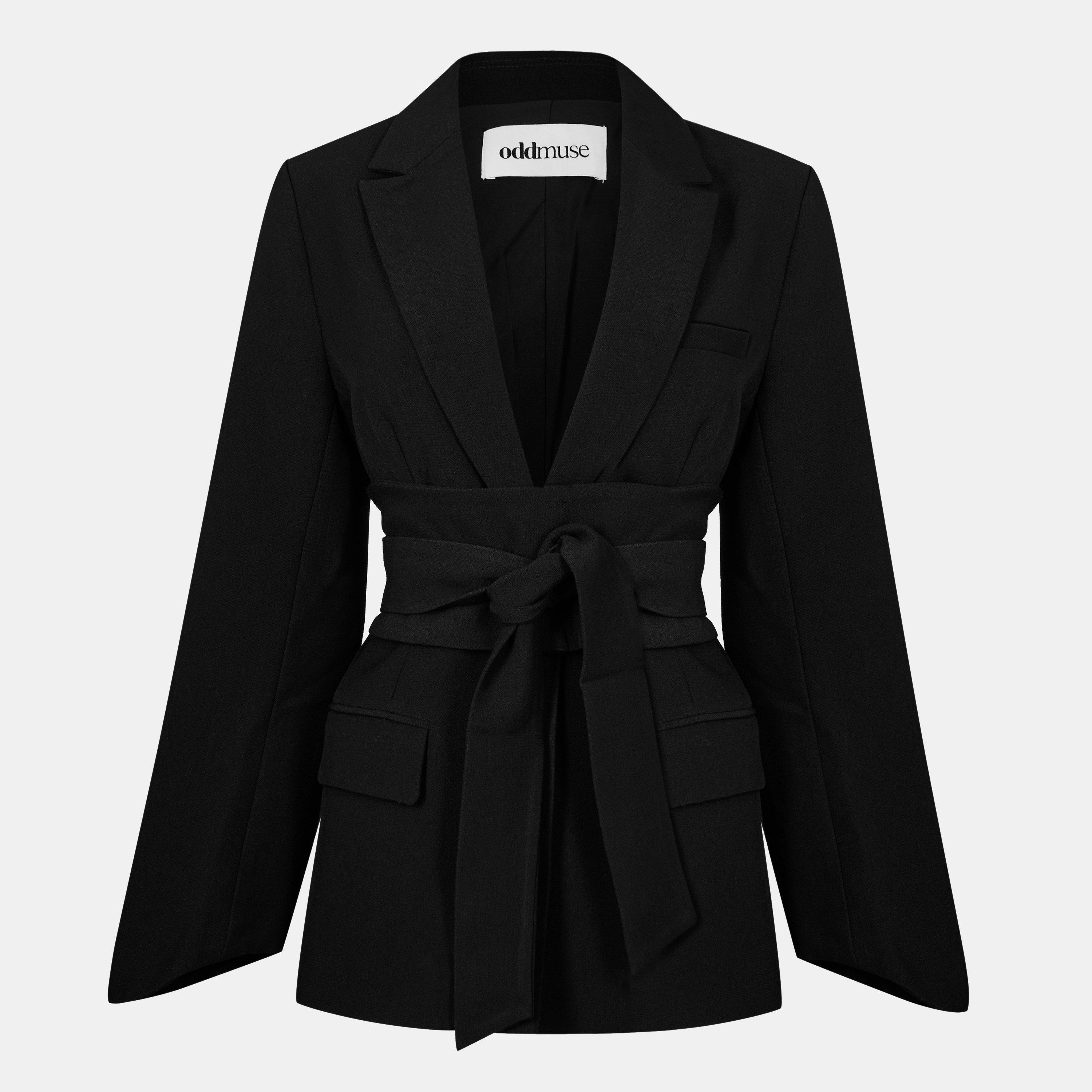 Black - Odd Muse - Women's Belted Long Sleeve Blazer - 1