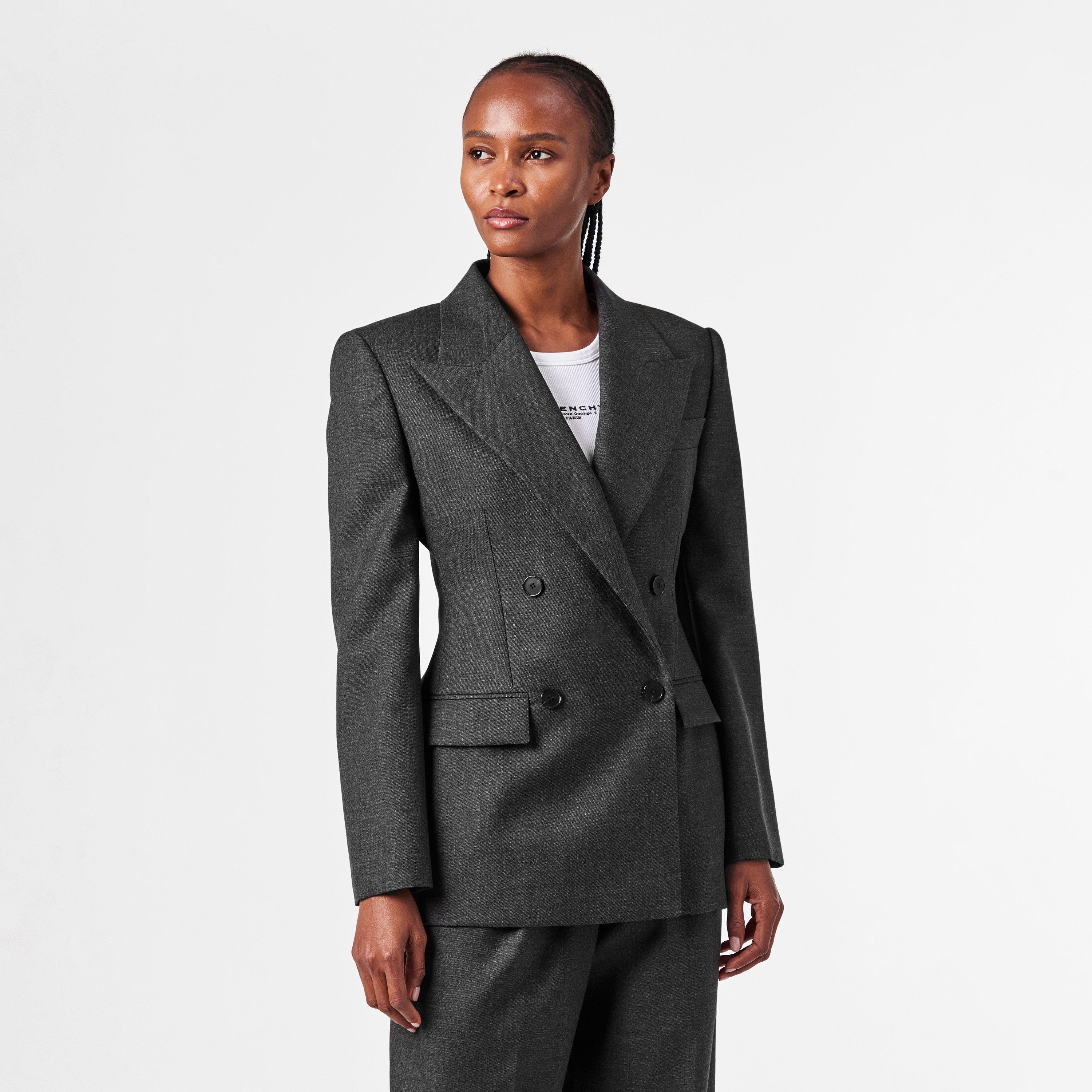 Grey Mix - GIVENCHY - Women's Double Breasted Wool Long Sleeve Blazer - 3