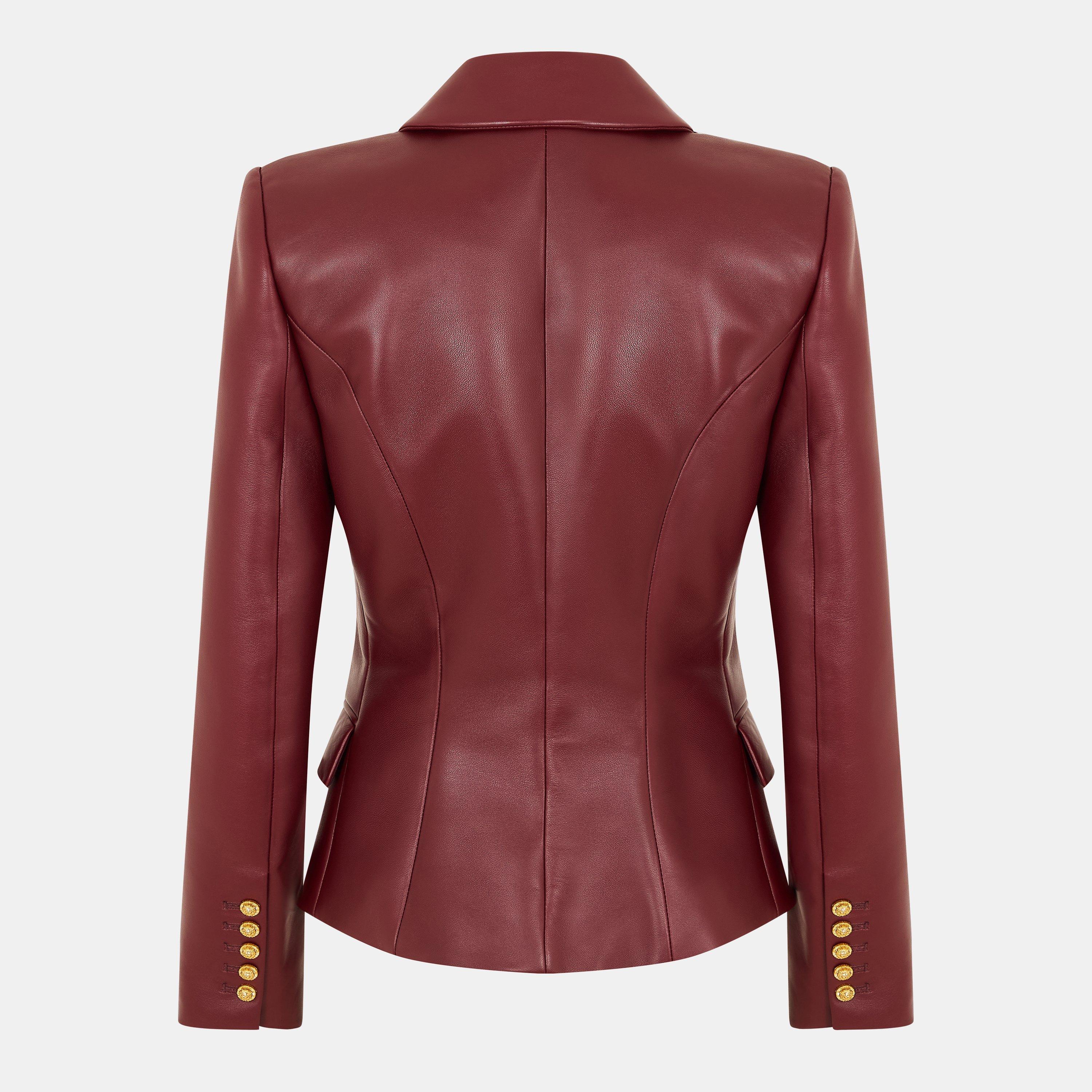 Aubergine - Balmain - Women's Structured Leather Gold-Tone Hardware Blazer - 2