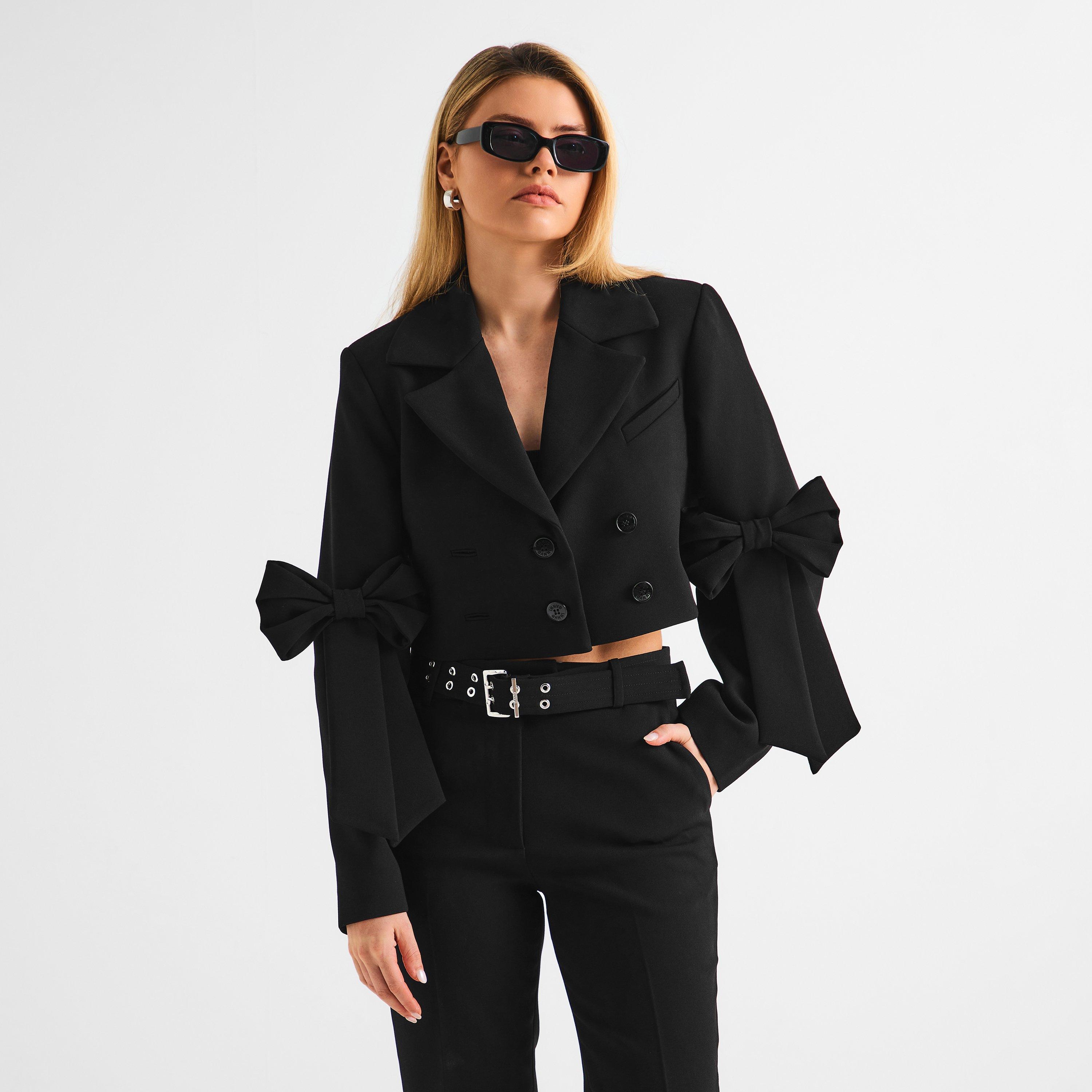Black - Ganni - Women's Bonded Crop Blazer - 3
