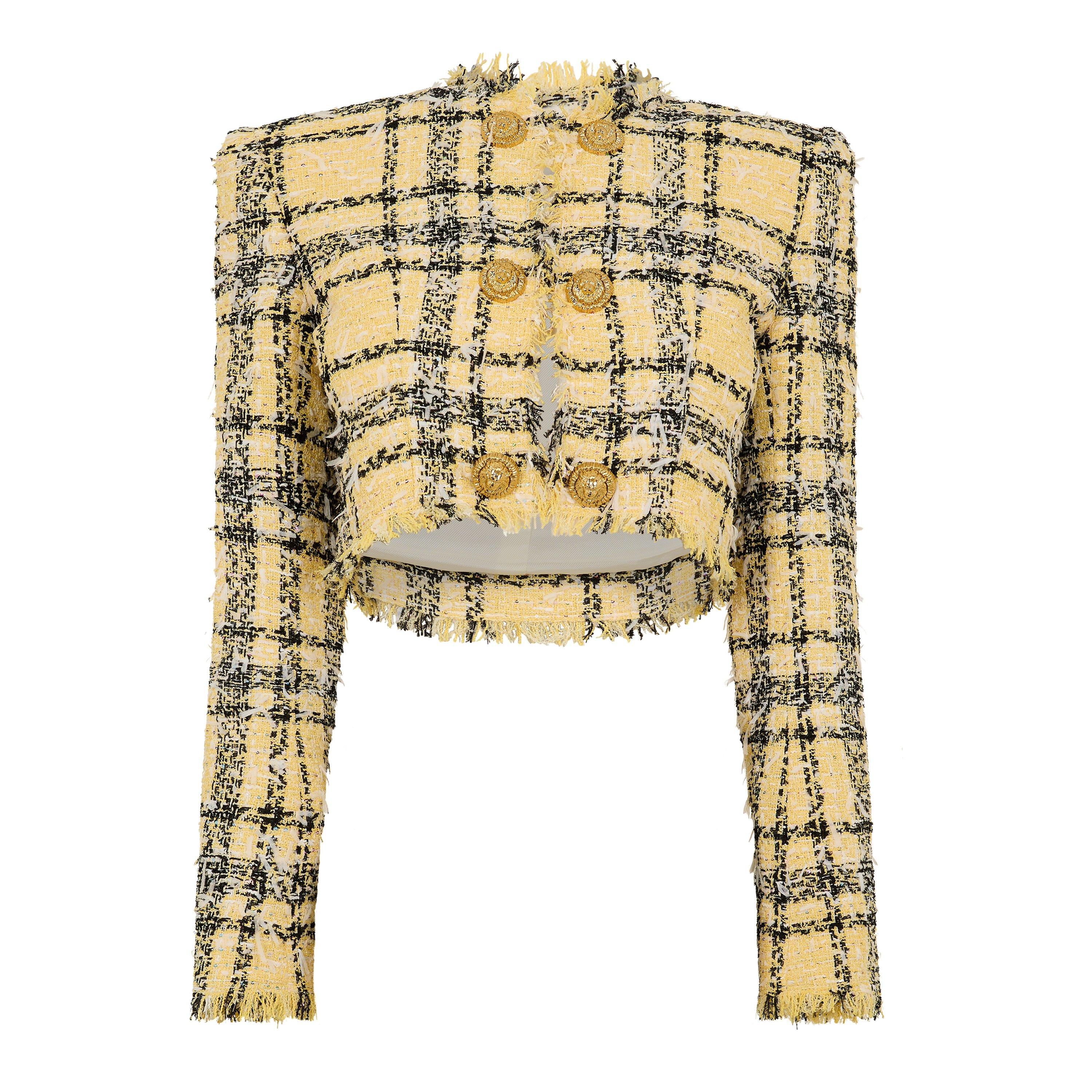 Pale Yellow - Balmain - Cropped Jacket in Glitter Tweed - 1
