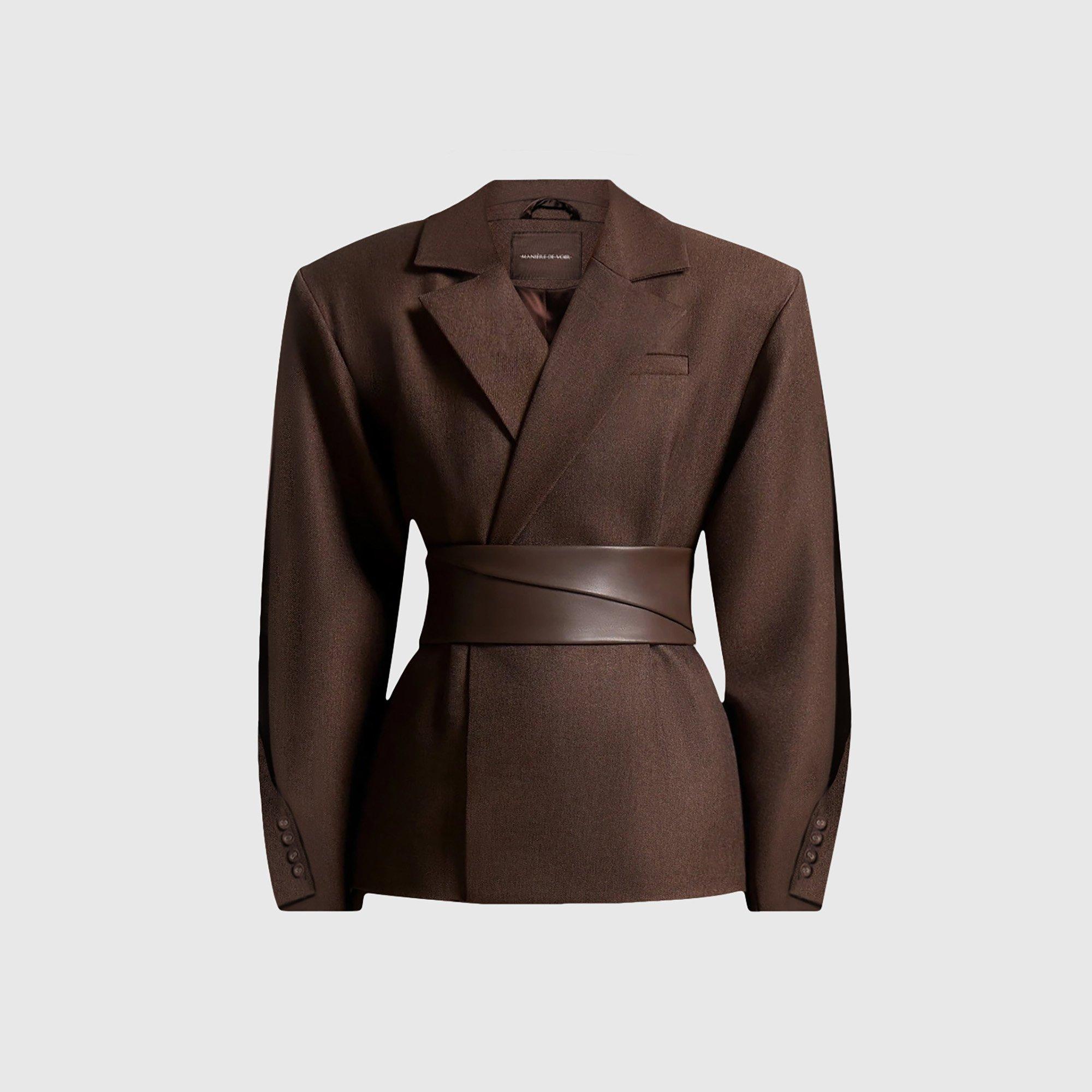 Brown - Maniere De Voir - Womens Twist Sleeve Belted Blazer - 1