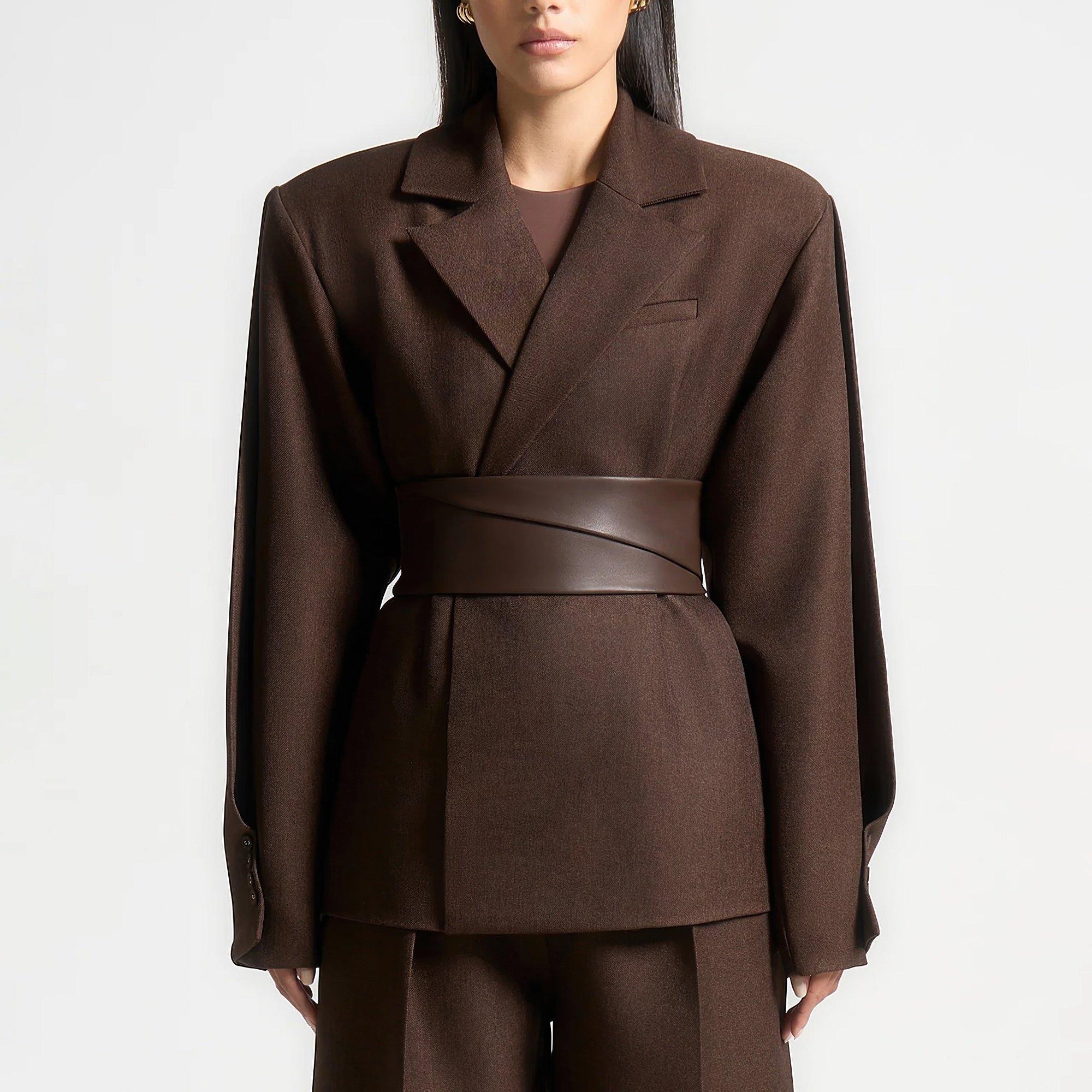 Brown - Maniere De Voir - Womens Belted Twist Sleeve Tailored Blazer - 2