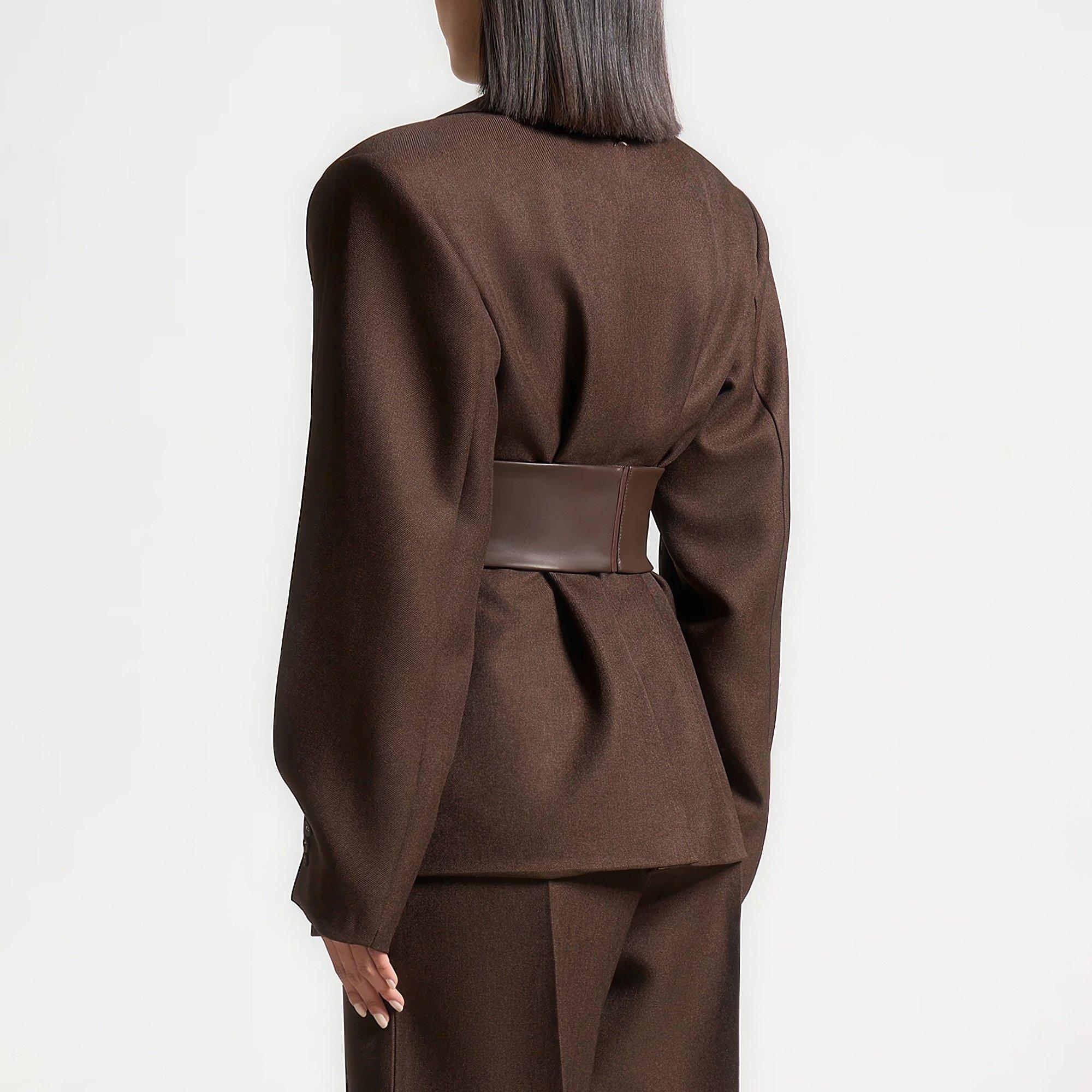 Brown - Maniere De Voir - Womens Belted Twist Sleeve Tailored Blazer - 3