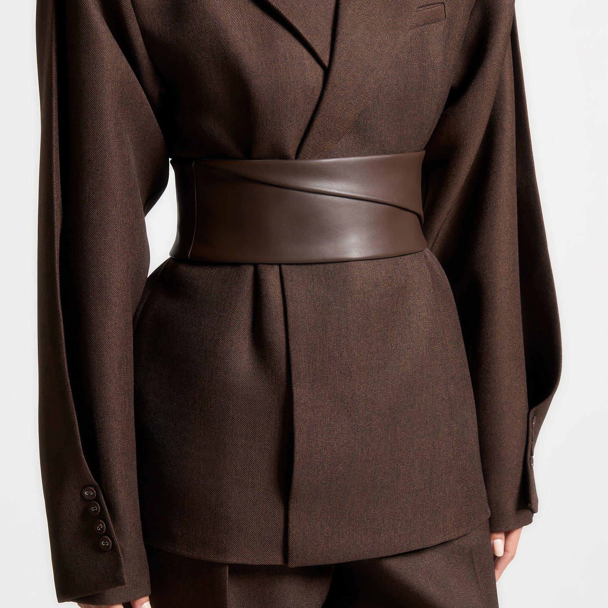 Brown - Maniere De Voir - Womens Belted Twist Sleeve Tailored Blazer - 4