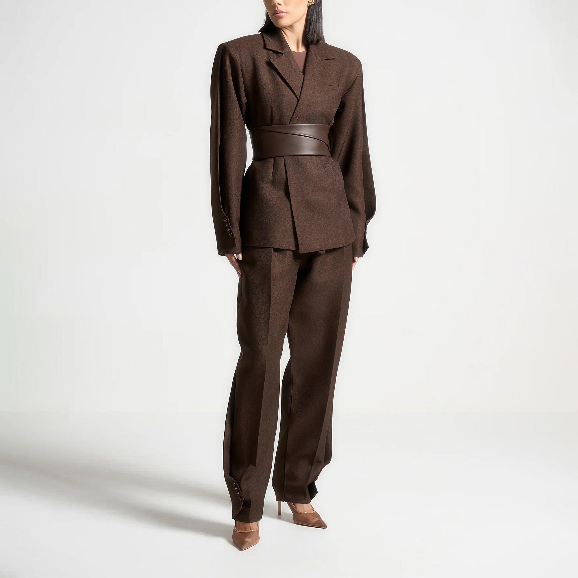 Brown - Maniere De Voir - Womens Belted Twist Sleeve Tailored Blazer - 5