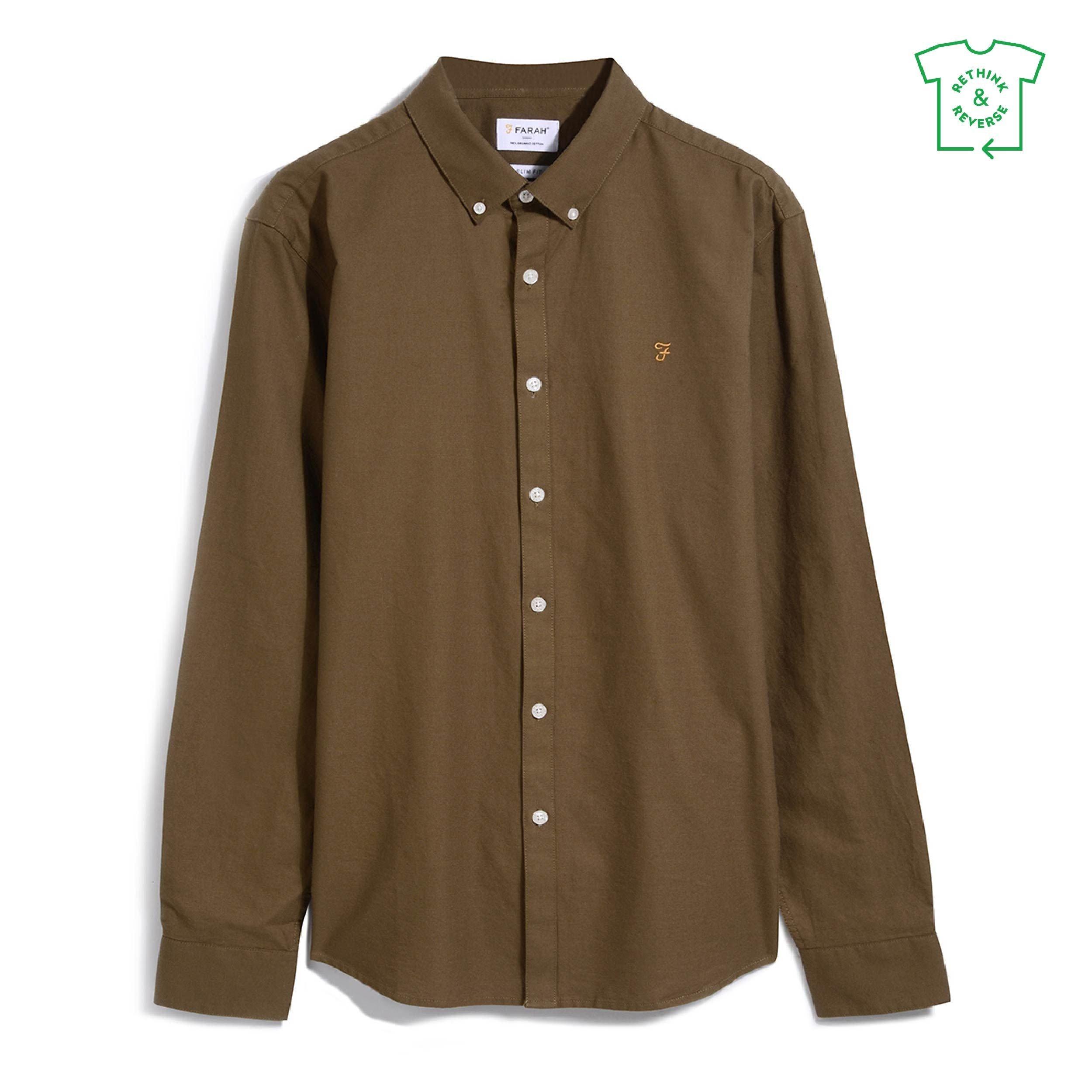 Farah Men's Green Khaki Oxford Long Sleeve Shirt - X Small