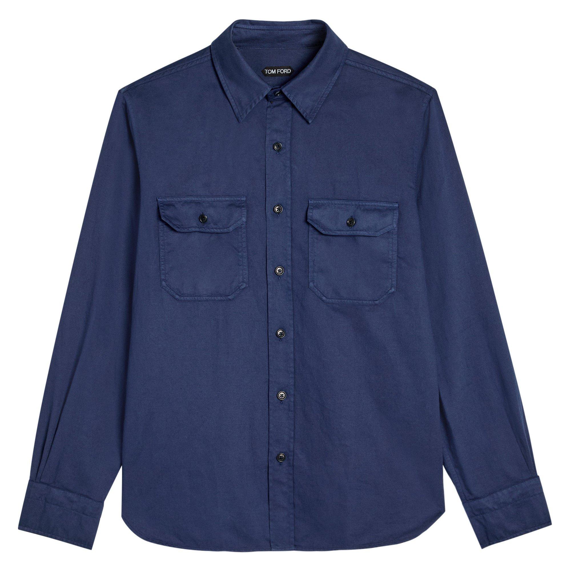 NAVY - Tom Ford - Men's Military Cotton-Linen Long-Sleeve Shirt - 1