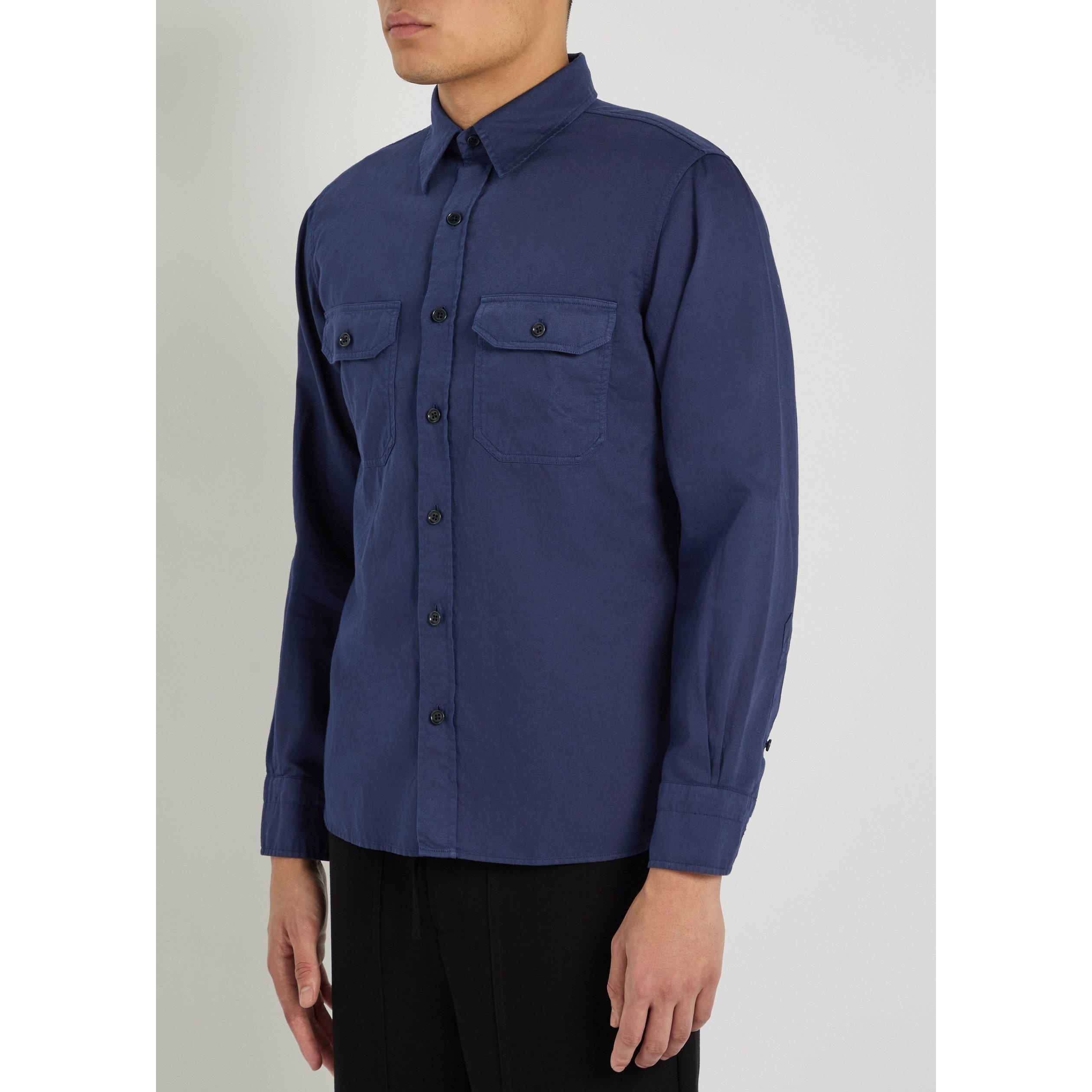 NAVY - Tom Ford - Men's Military Cotton-Linen Long-Sleeve Shirt - 2