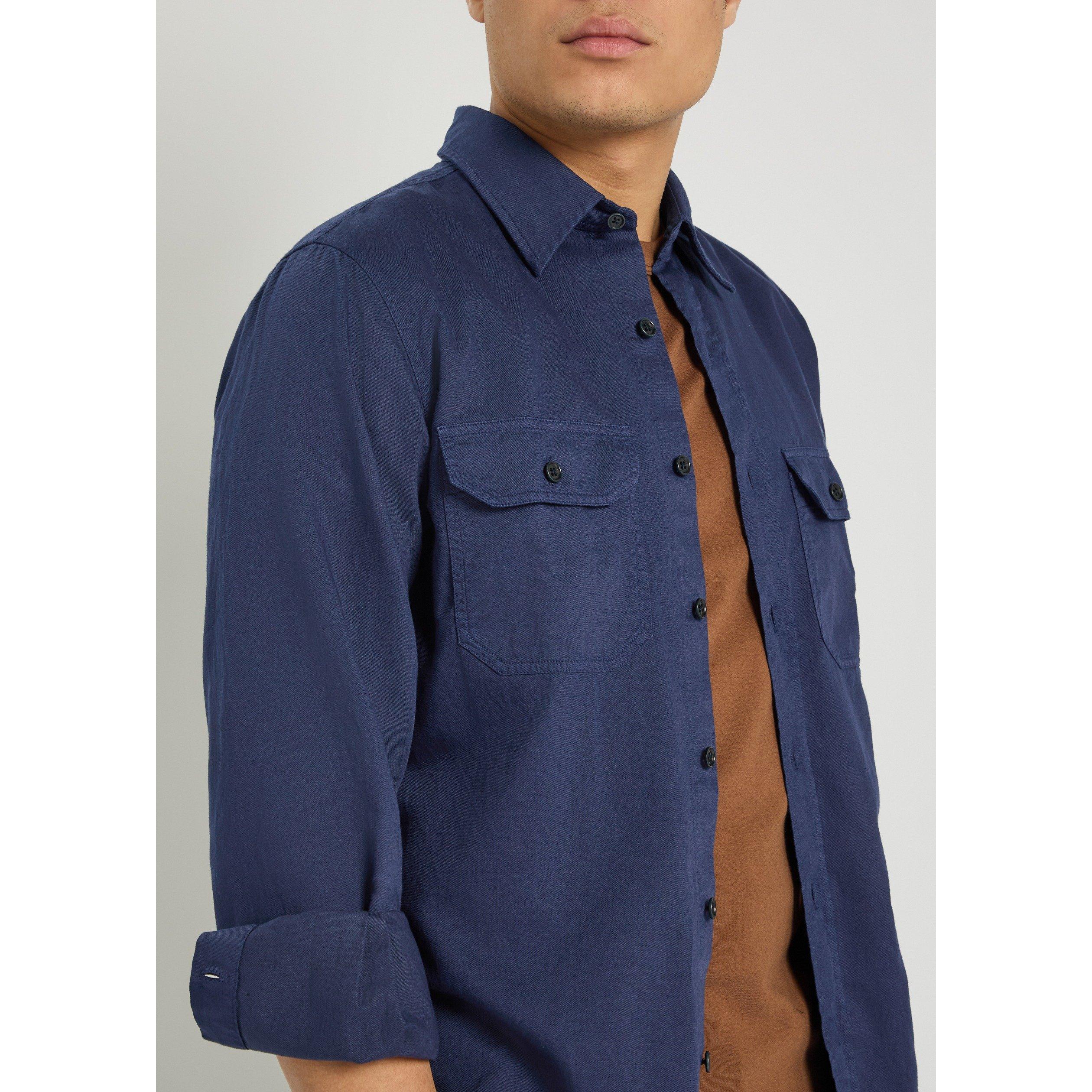 NAVY - Tom Ford - Men's Military Cotton-Linen Long-Sleeve Shirt - 4