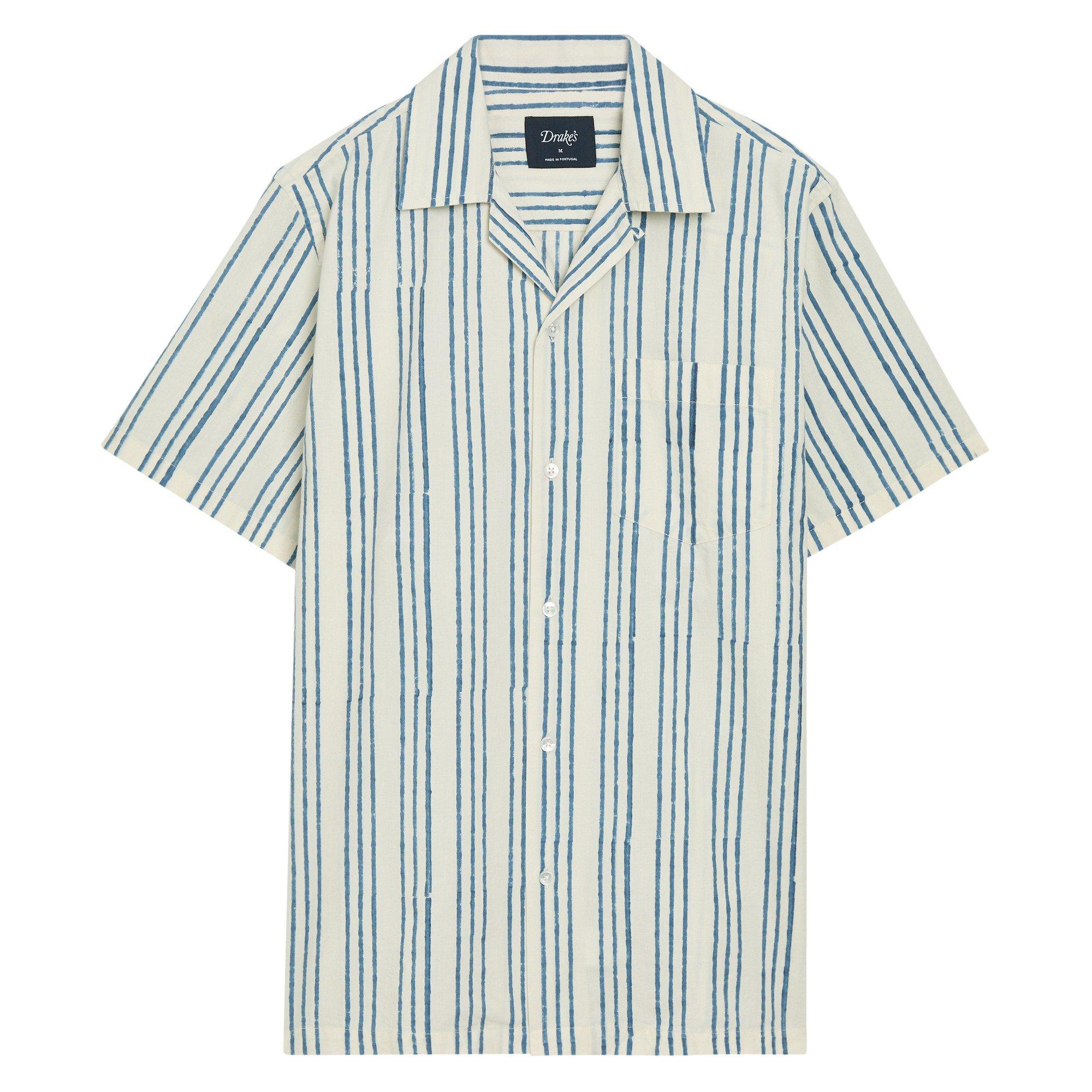 BLUE AND OTHER - Drakes - Men's Short-Sleeve Cotton Striped Camp Collar Shirt - 1
