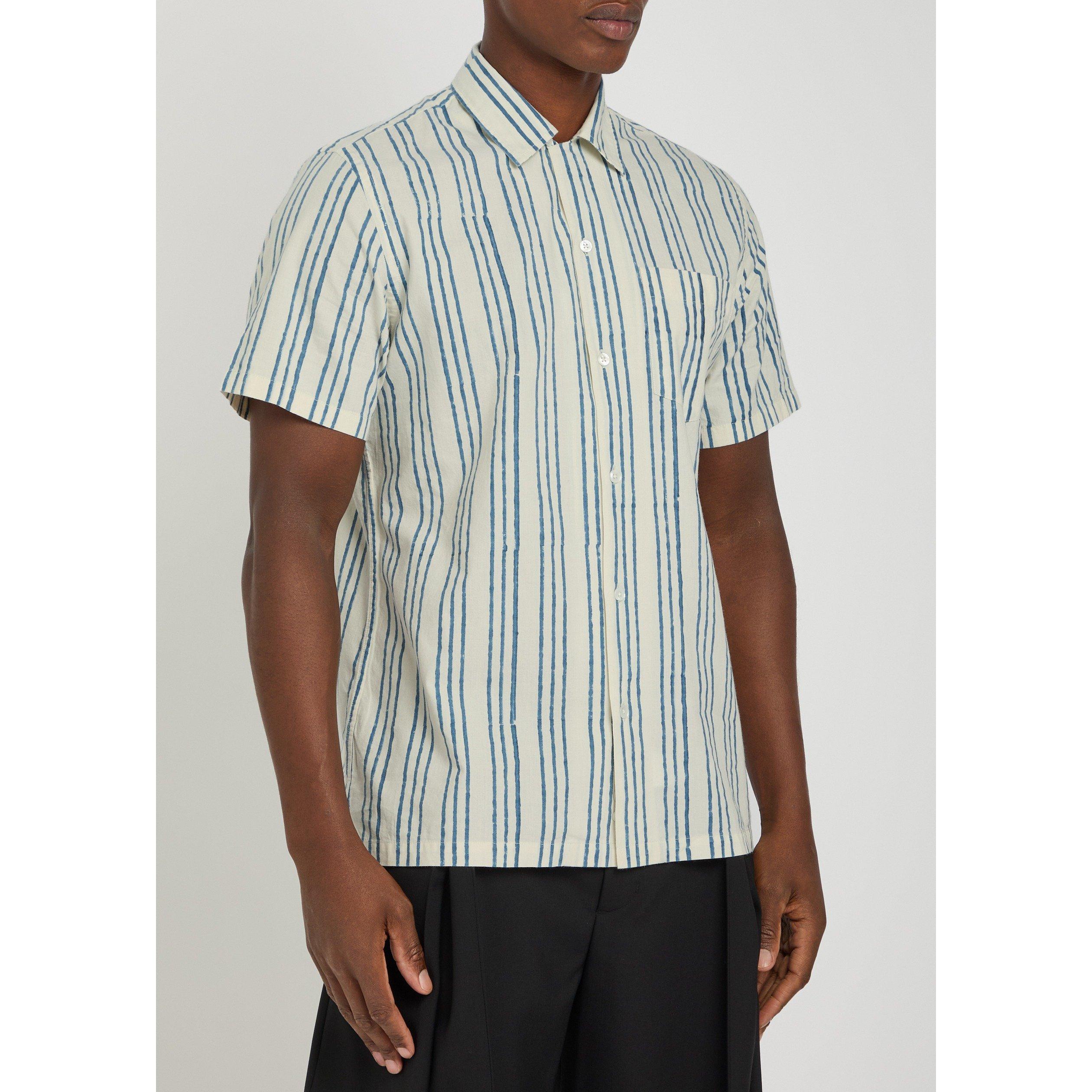 BLUE AND OTHER - Drakes - Men's Short-Sleeve Cotton Striped Camp Collar Shirt - 2