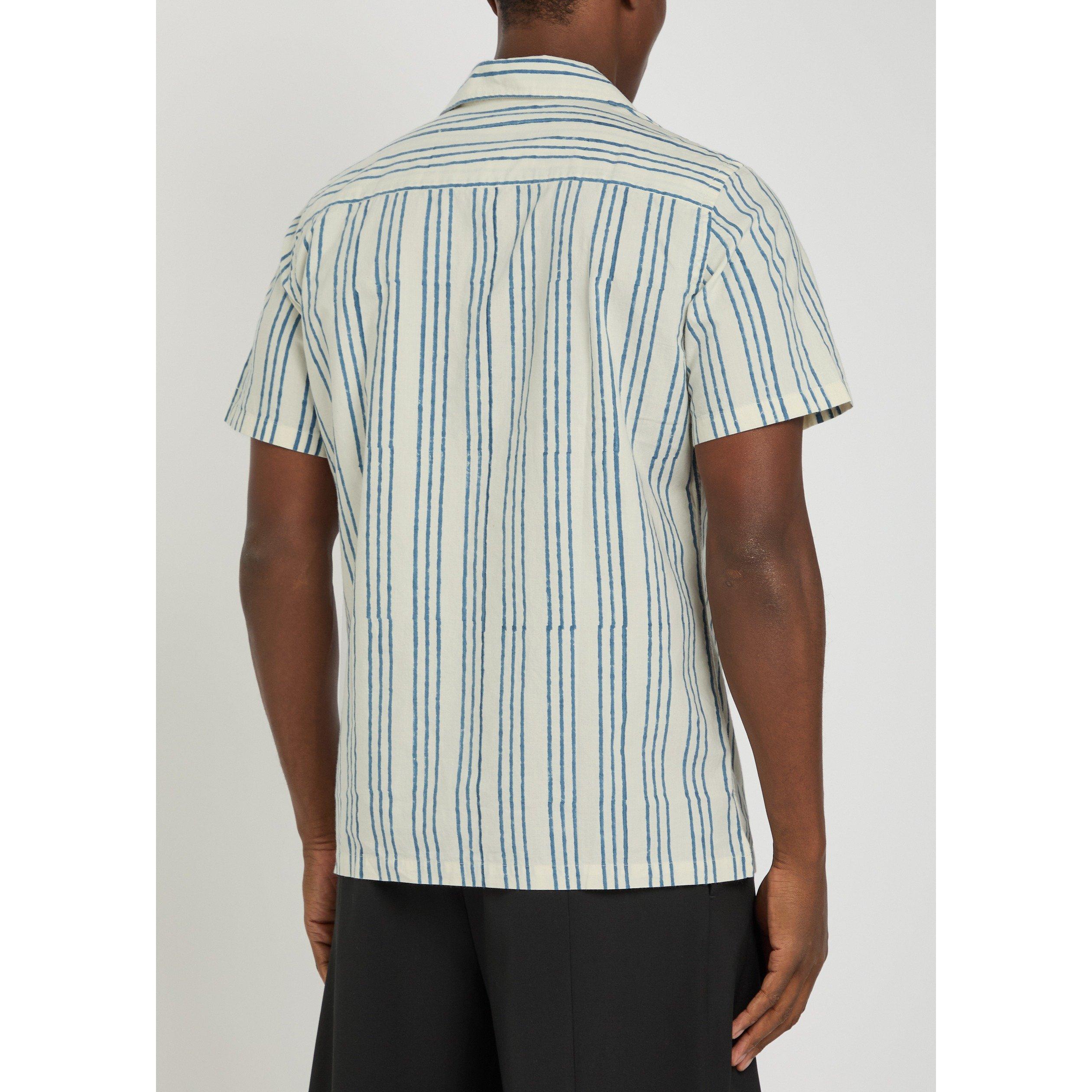 BLUE AND OTHER - Drakes - Men's Short-Sleeve Cotton Striped Camp Collar Shirt - 3
