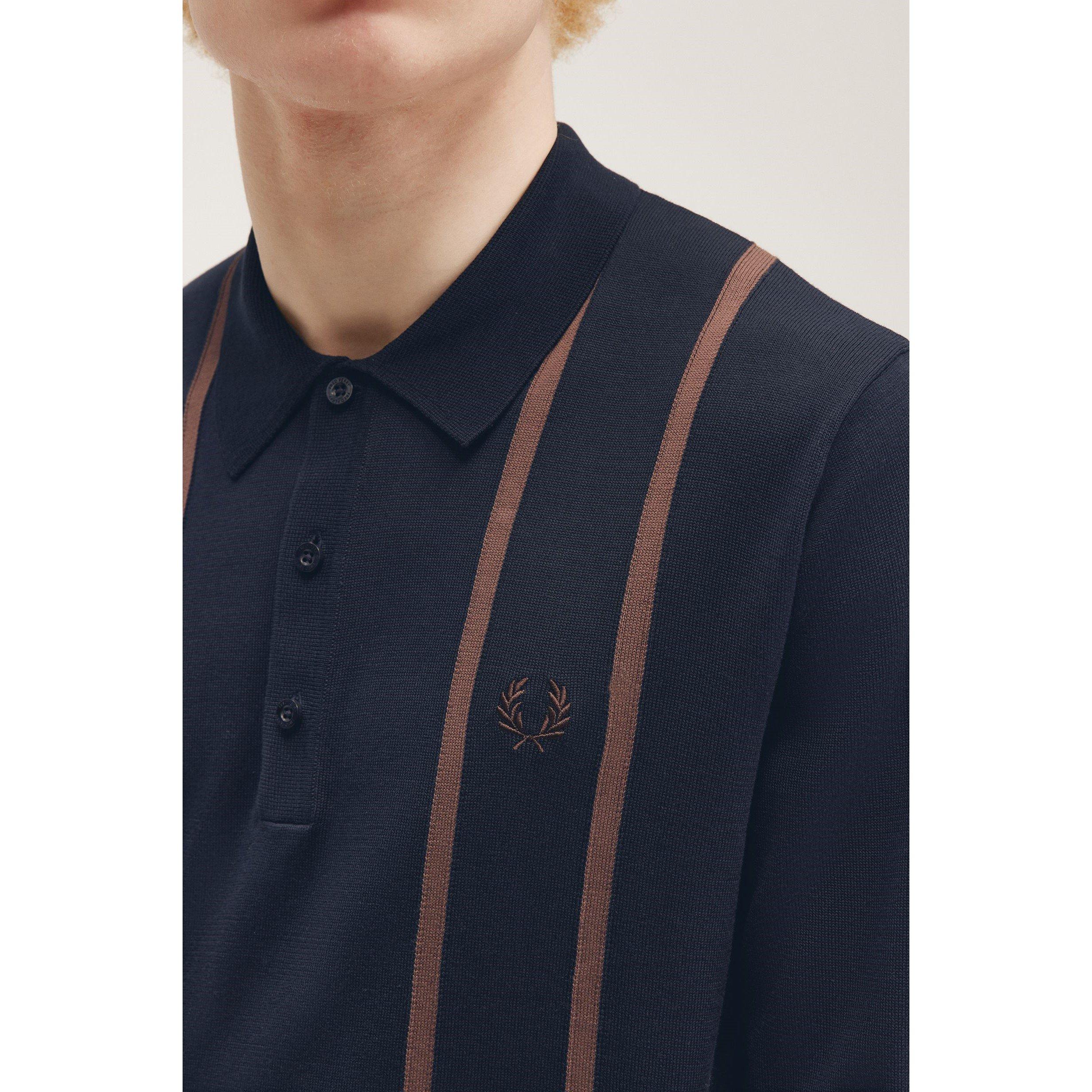Navy 608 - Fred Perry - Men's Stripe Knitted Long-Sleeve Polo Shirt - 3