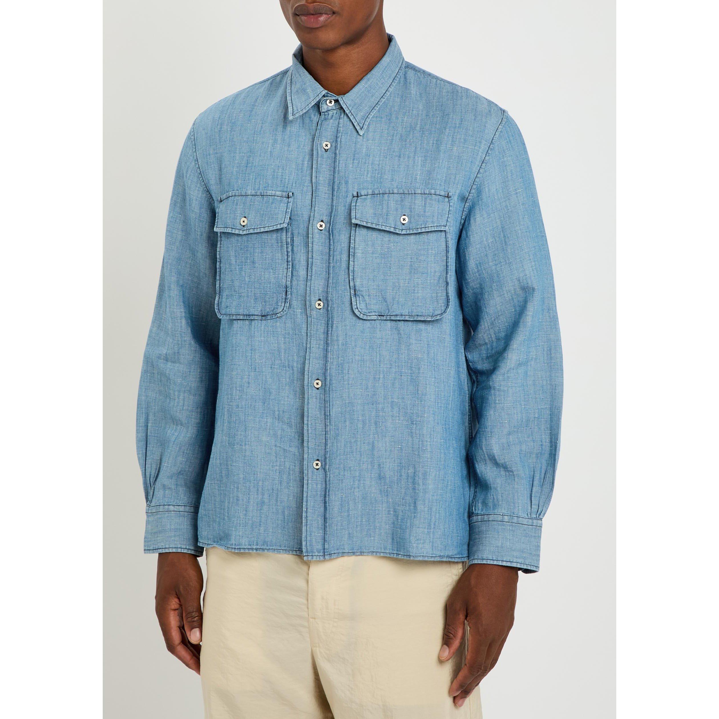 BLUE - Officine Generale - Men's Garris Cotton-Linen Long-Sleeve Shirt - 2