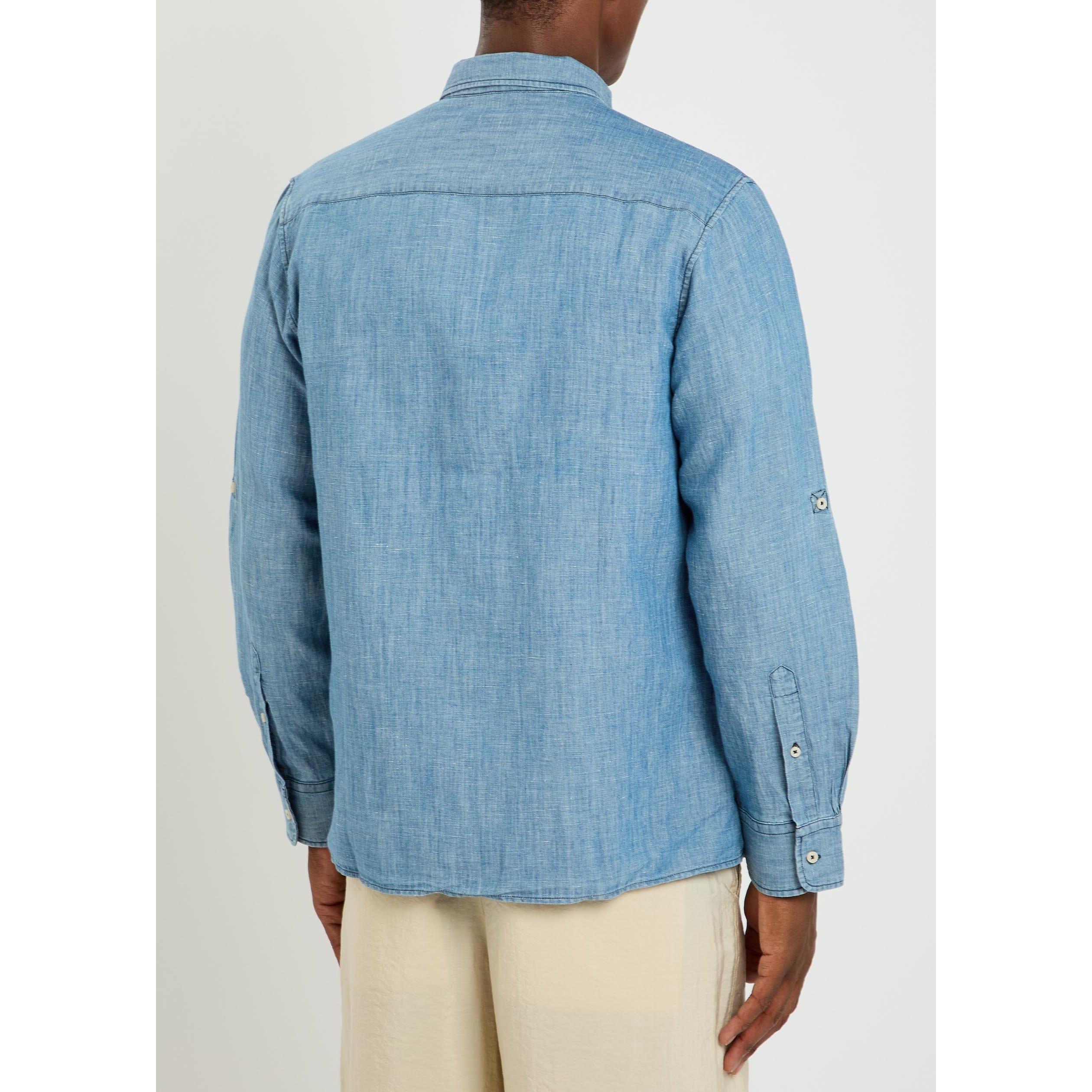 BLUE - Officine Generale - Men's Garris Cotton-Linen Long-Sleeve Shirt - 3