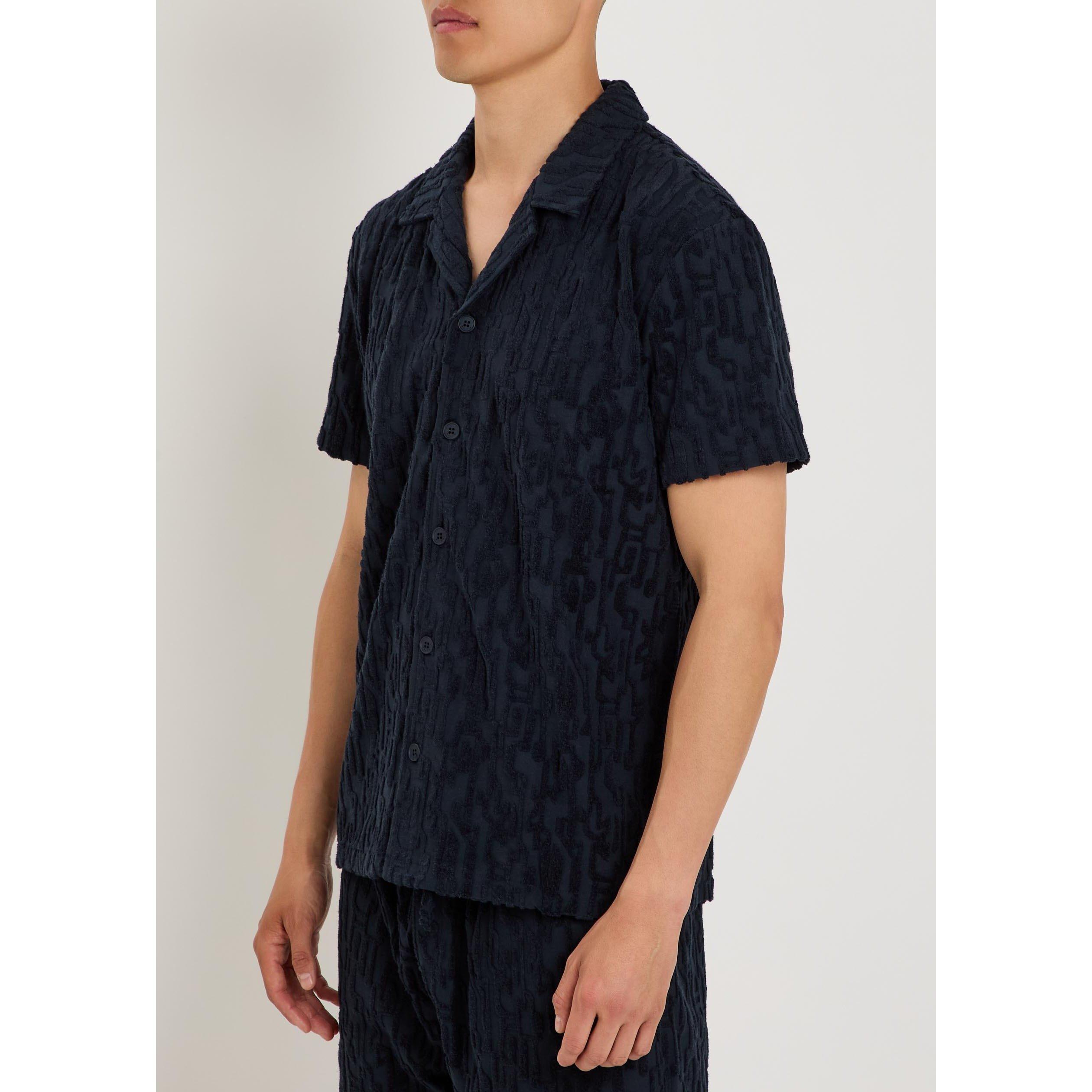 NAVY - Raith - Men's Fausto Patterned Camp Collar Short-Sleeve Cotton Shirt - 2