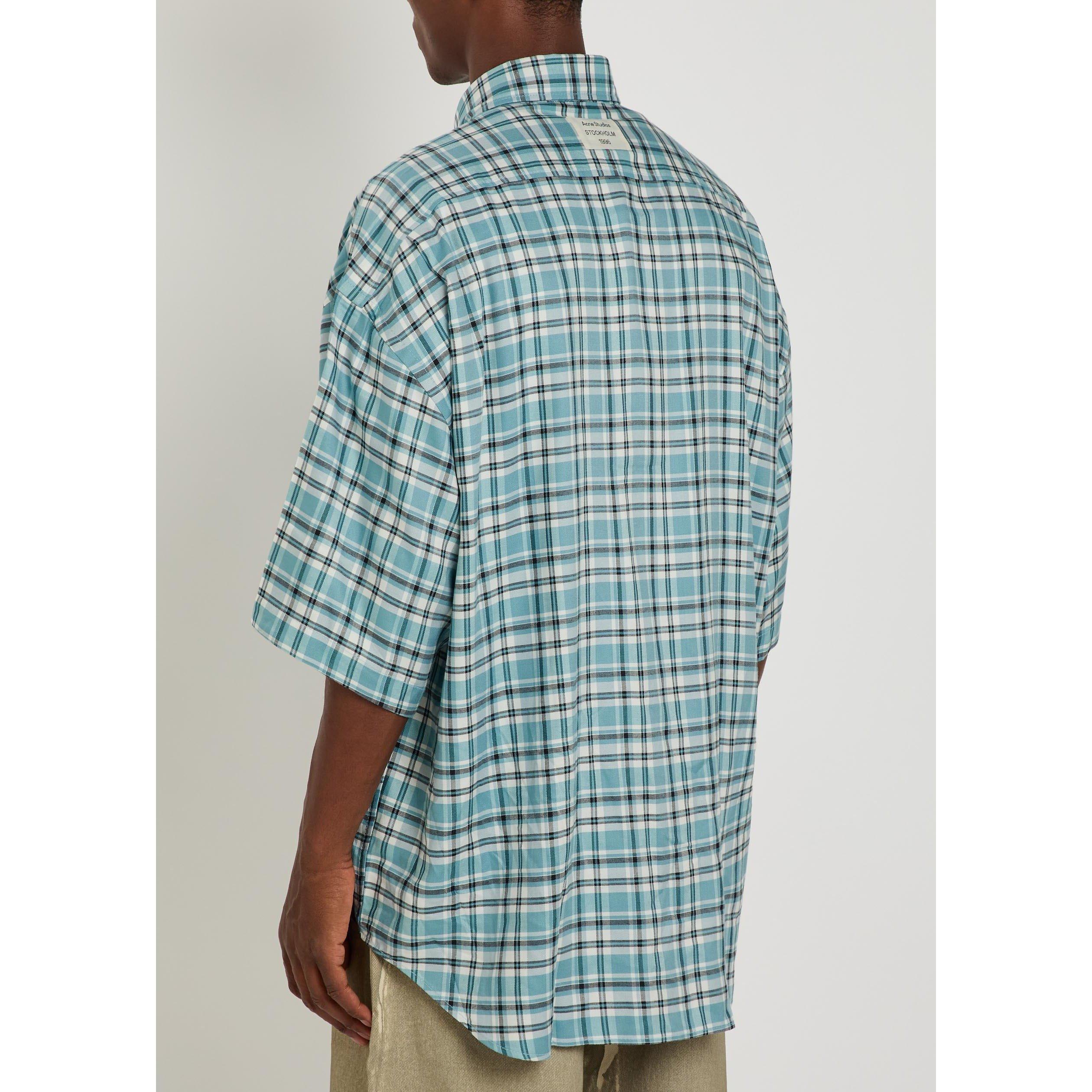 WHITE AND BLUE - Acne Studios - Men's Viscose Checked Short-Sleeve Oversized-Fit Shirt - 3