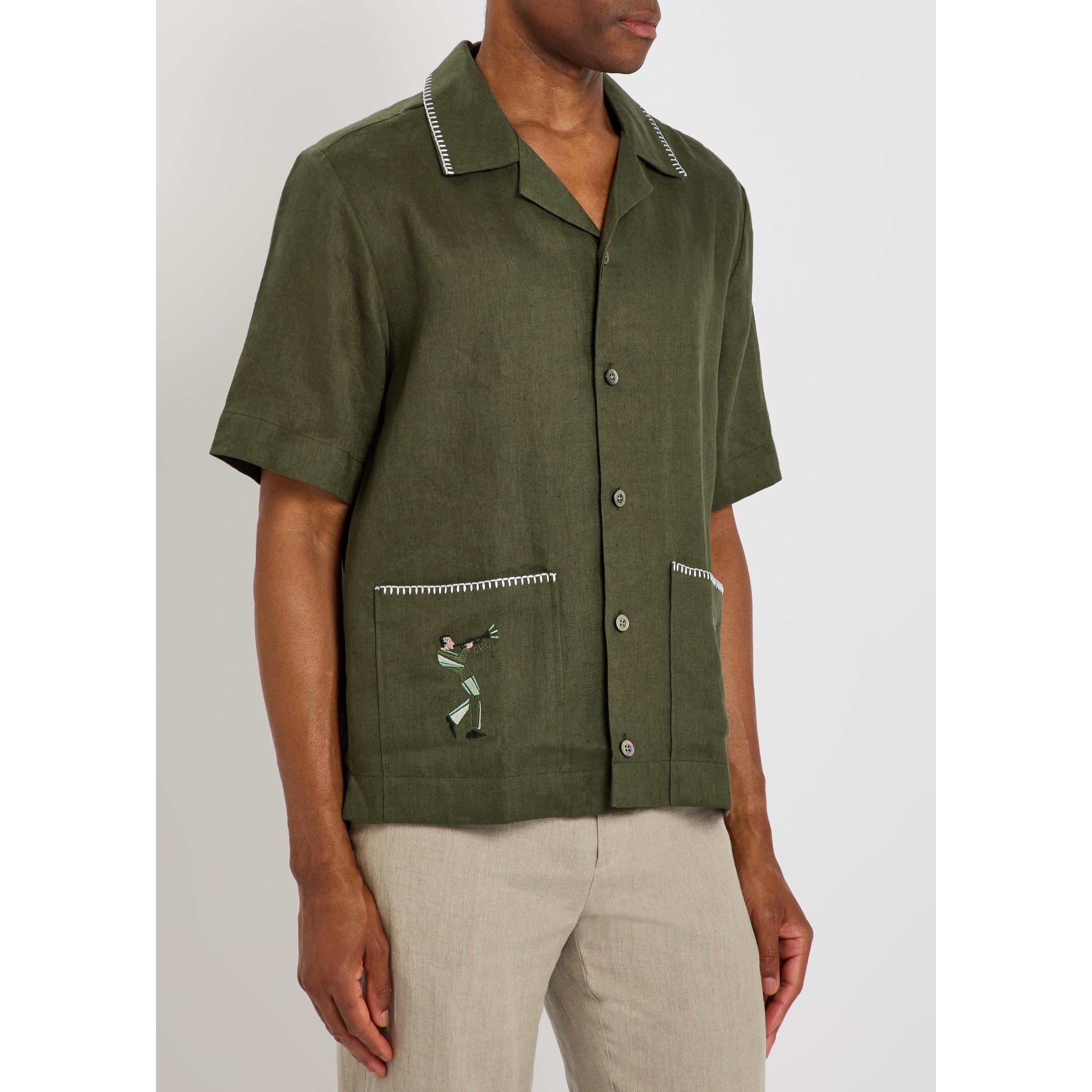 OLIVE - Che - Men's Trompette Linen Short-Sleeve Oversized-Fit Shirt - 2