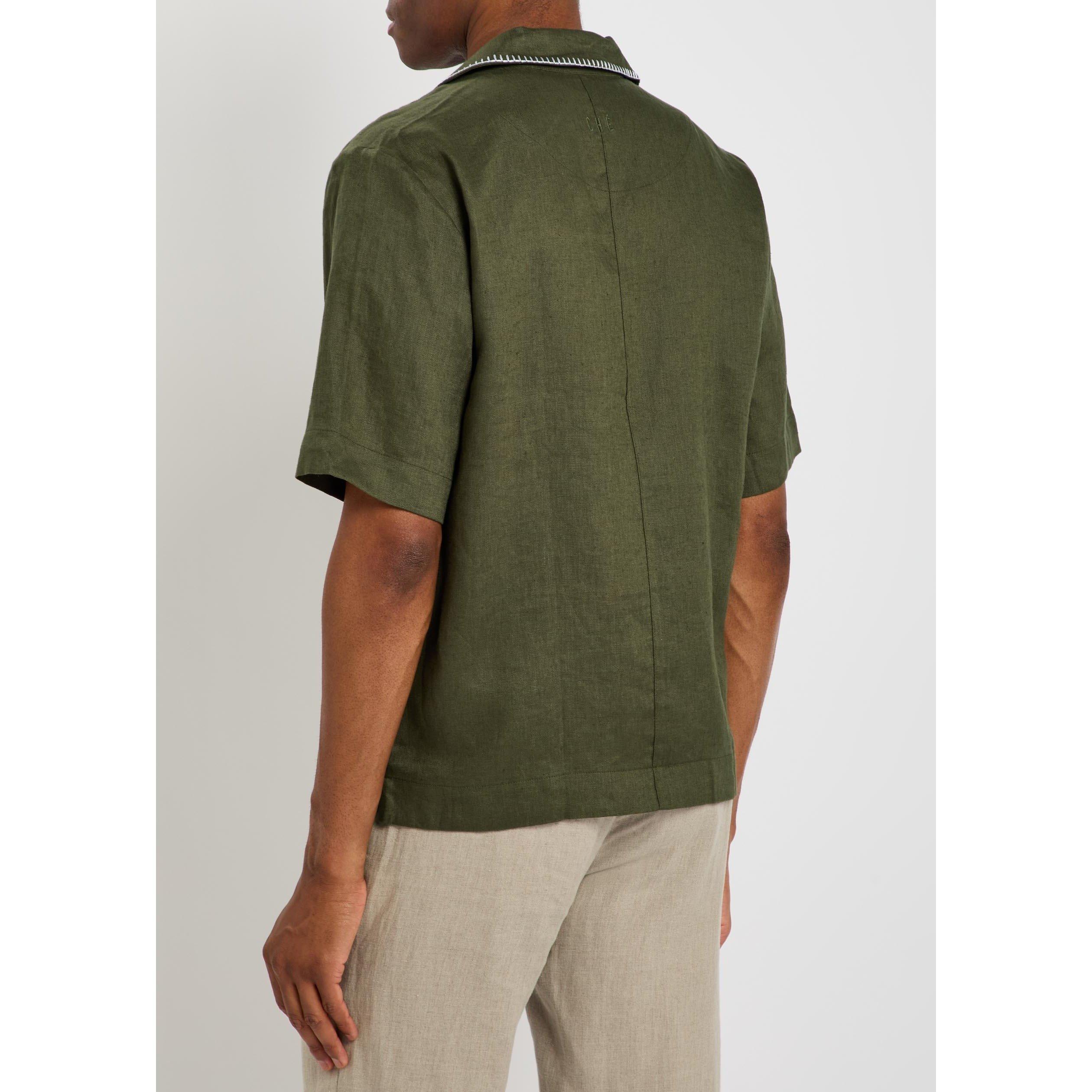 OLIVE - Che - Men's Trompette Linen Short-Sleeve Oversized-Fit Shirt - 3