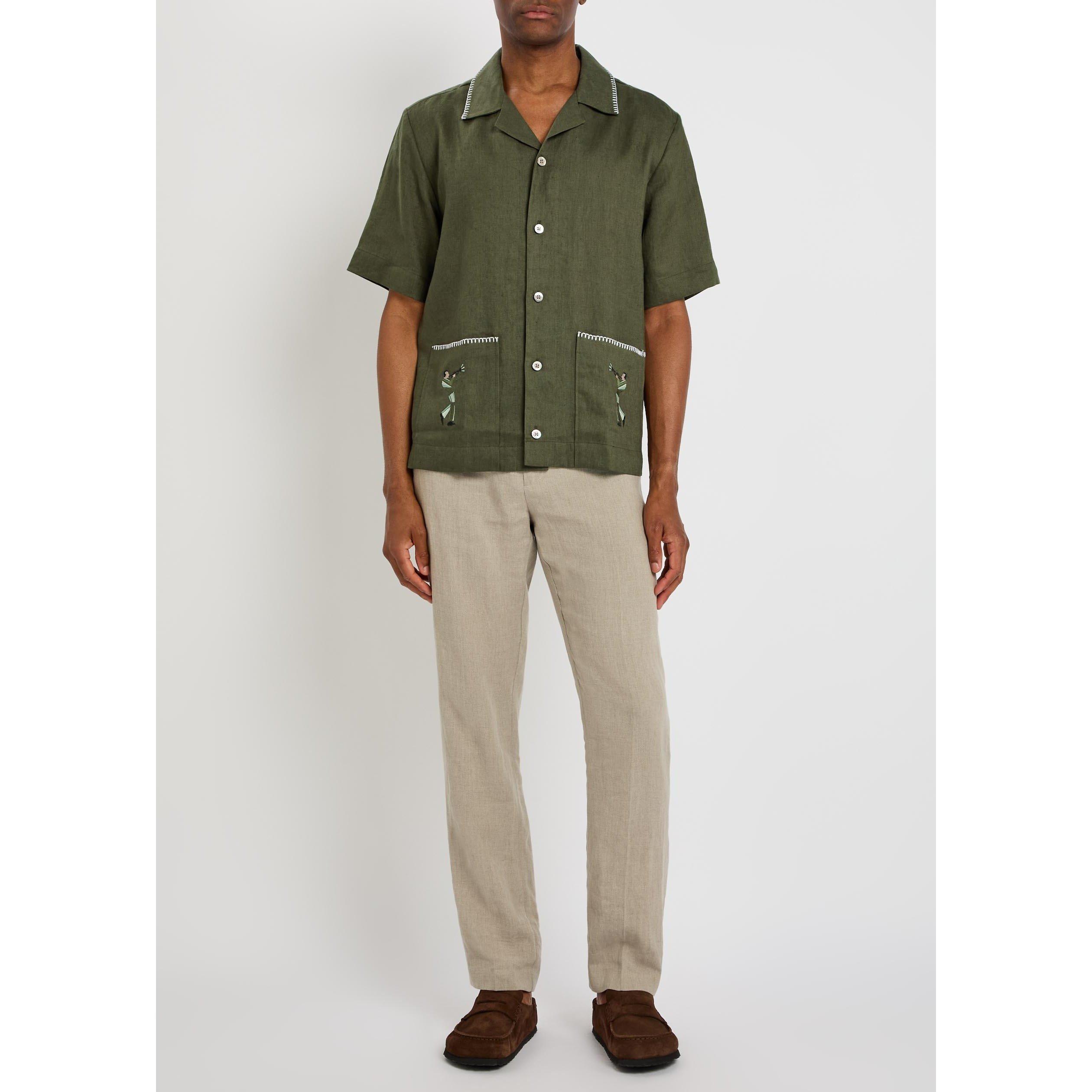 OLIVE - Che - Men's Trompette Linen Short-Sleeve Oversized-Fit Shirt - 5