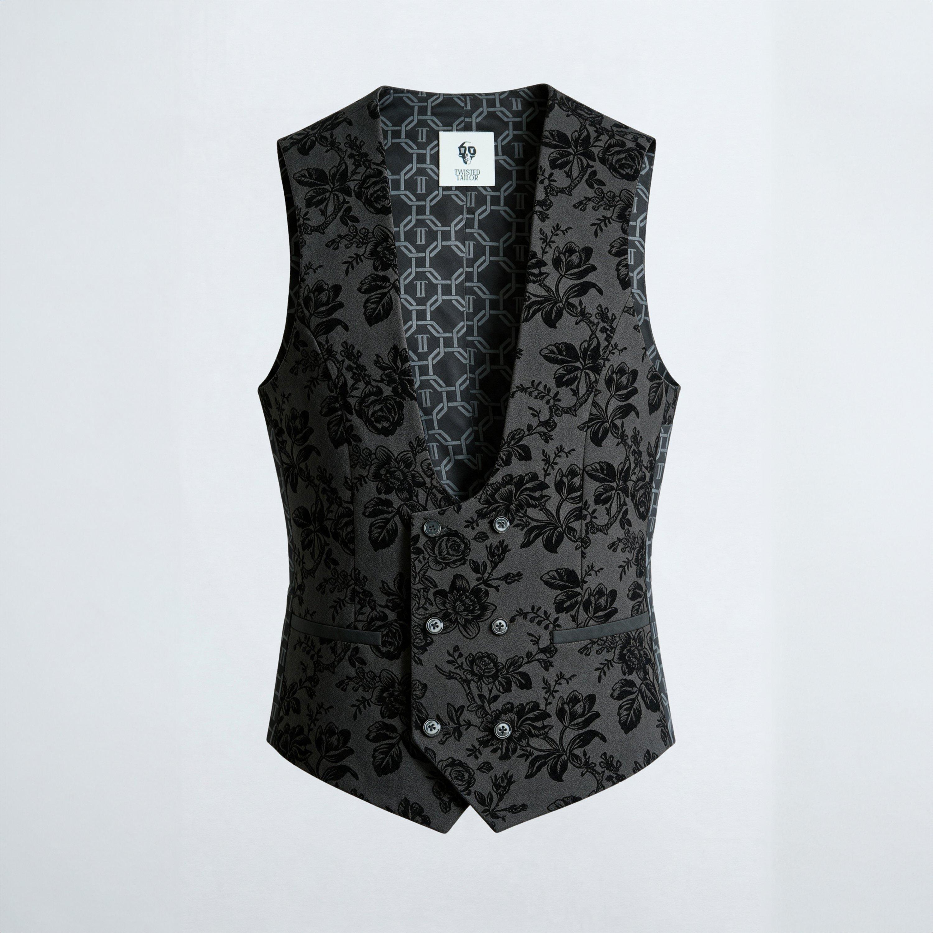 Charcoal - Twisted Tailor - Fleet Skinny Fit Black Floral Waistcoat - 1